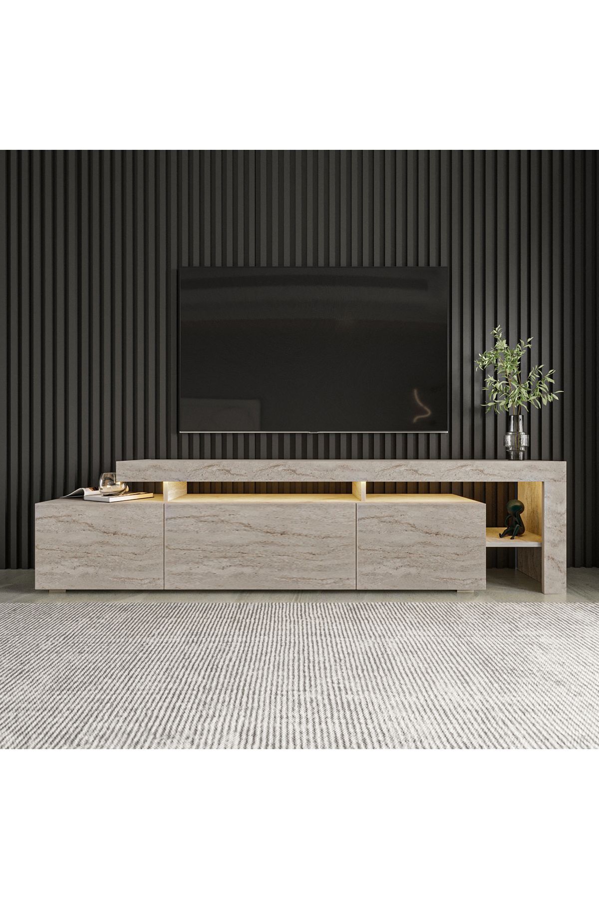 Meuble TV Beliz moderne à LED avec 3 portes et étagères –  cm - Motif travertin