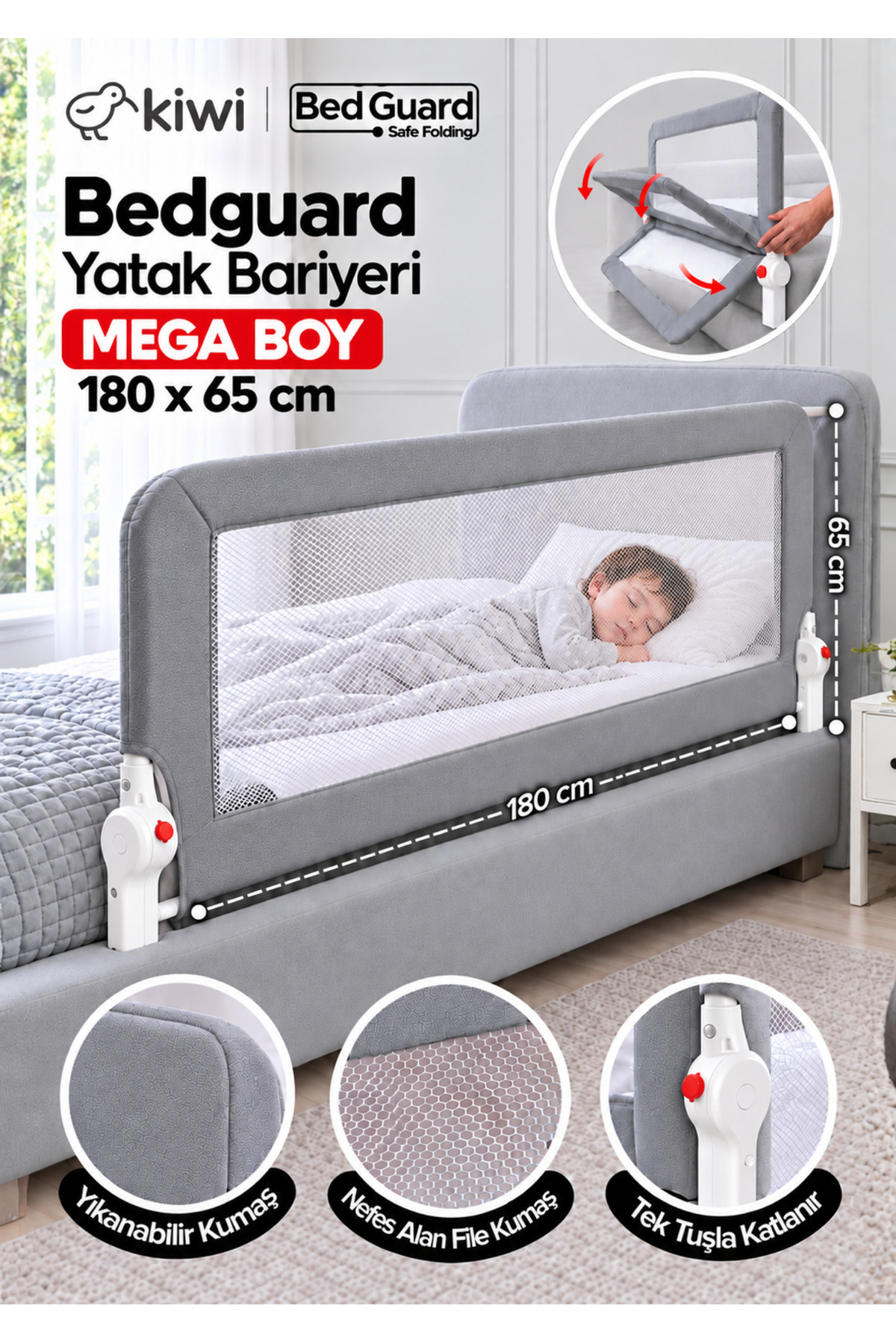 Barrière de sécurité pour bébé – Barrière de lit pliable pour enfant, anti-chute – CM Gris