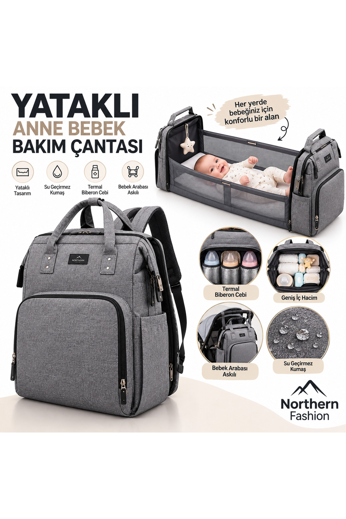 Sac de soins pour mère et bébé avec lit, imperméable, poche thermique pour biberon, sac à dos avec attache pour poussette