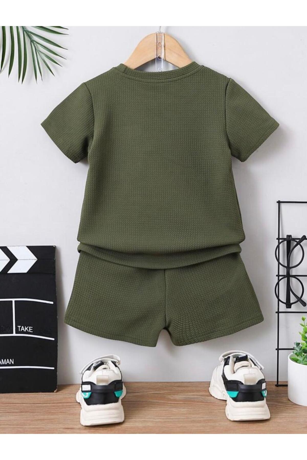 Ensemble d'été pour bébé et enfant, avec short 2 pièces en coton, détail poche avec motif gaufre - Vert