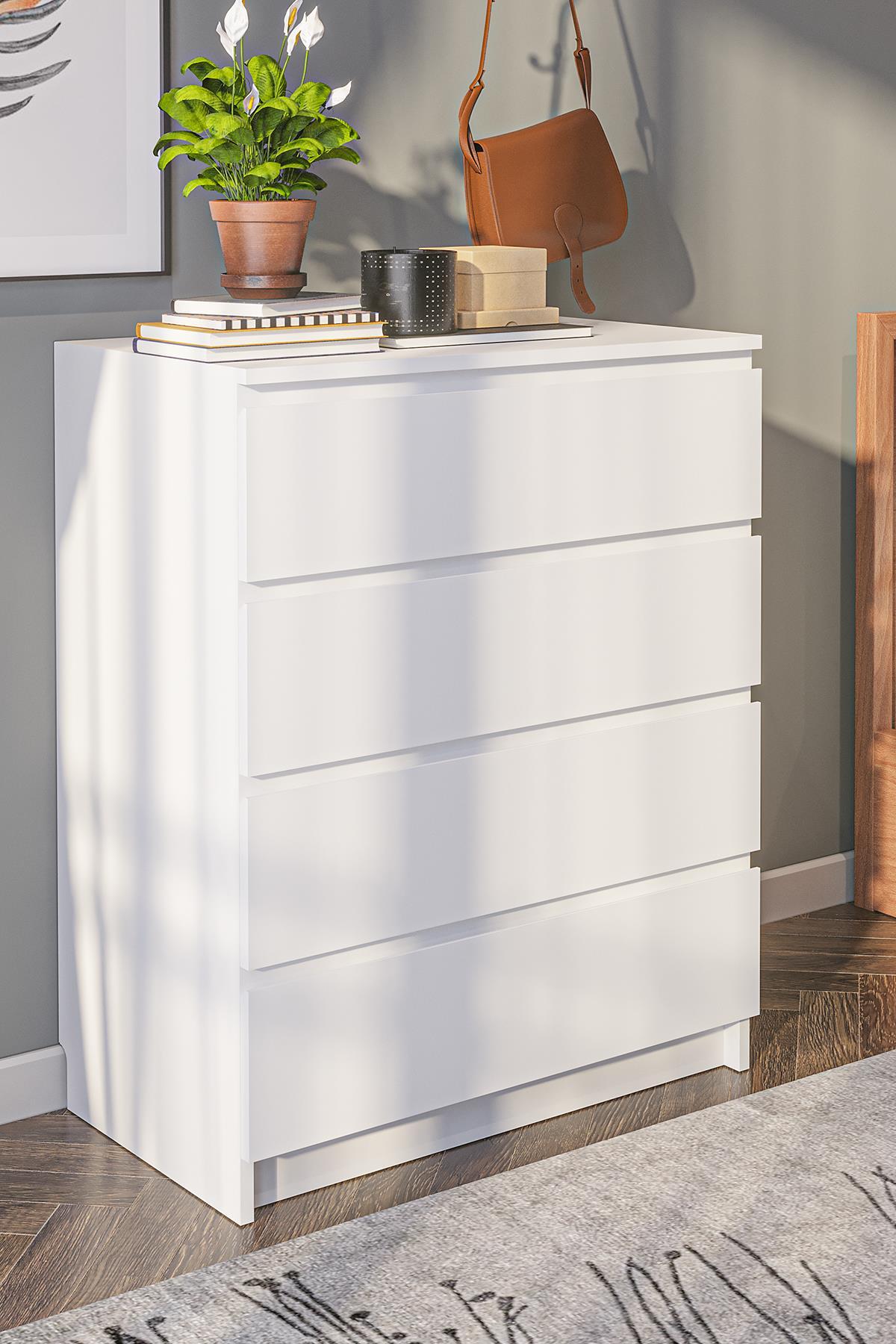 Commode Derinkuyu à 4 tiroirs Chambre à coucher Chambre de bébé Armoire Blanche