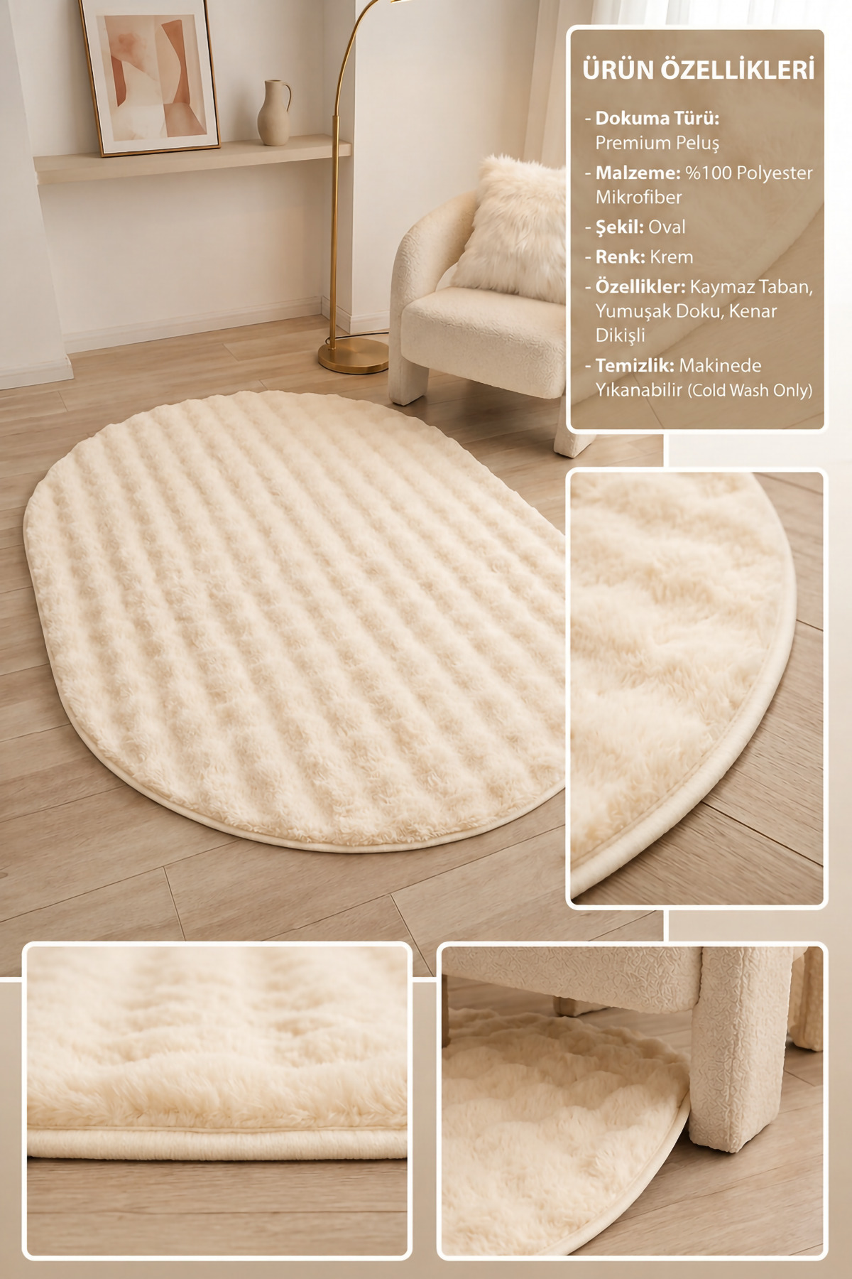 Tapis en peluche ovale crème avec dessous antidérapant, lavable, doux, pour salon et chambre