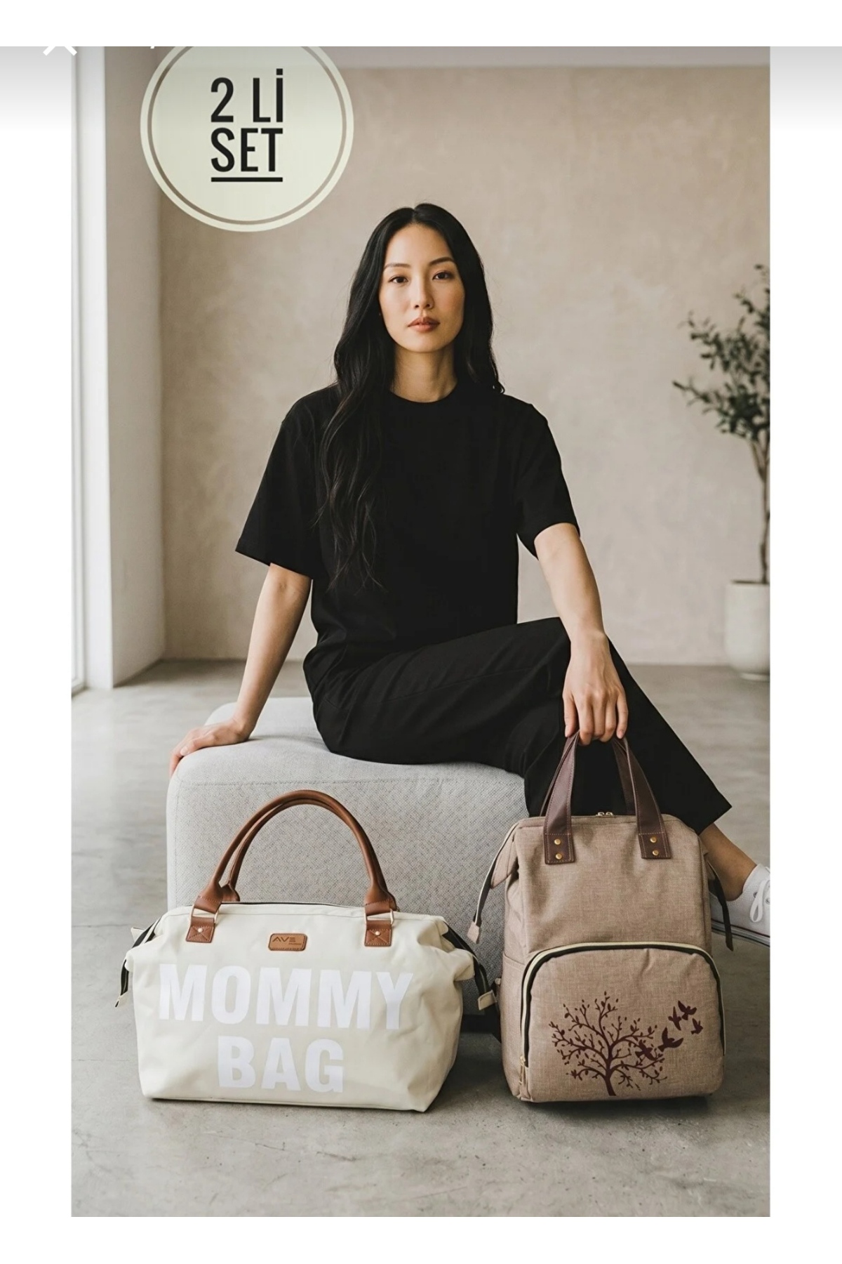 Ensemble de 2 pièces de luxe beige et bois Sac à dos pour soins mère-bébé et sac à main et sac à épaule pour mère-bébé