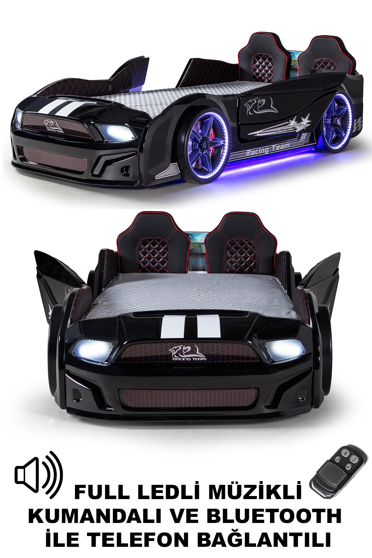 Portes de lit à roulettes noires Mustang avec ouverture, entièrement équipées de LED, télécommandées et avec musique