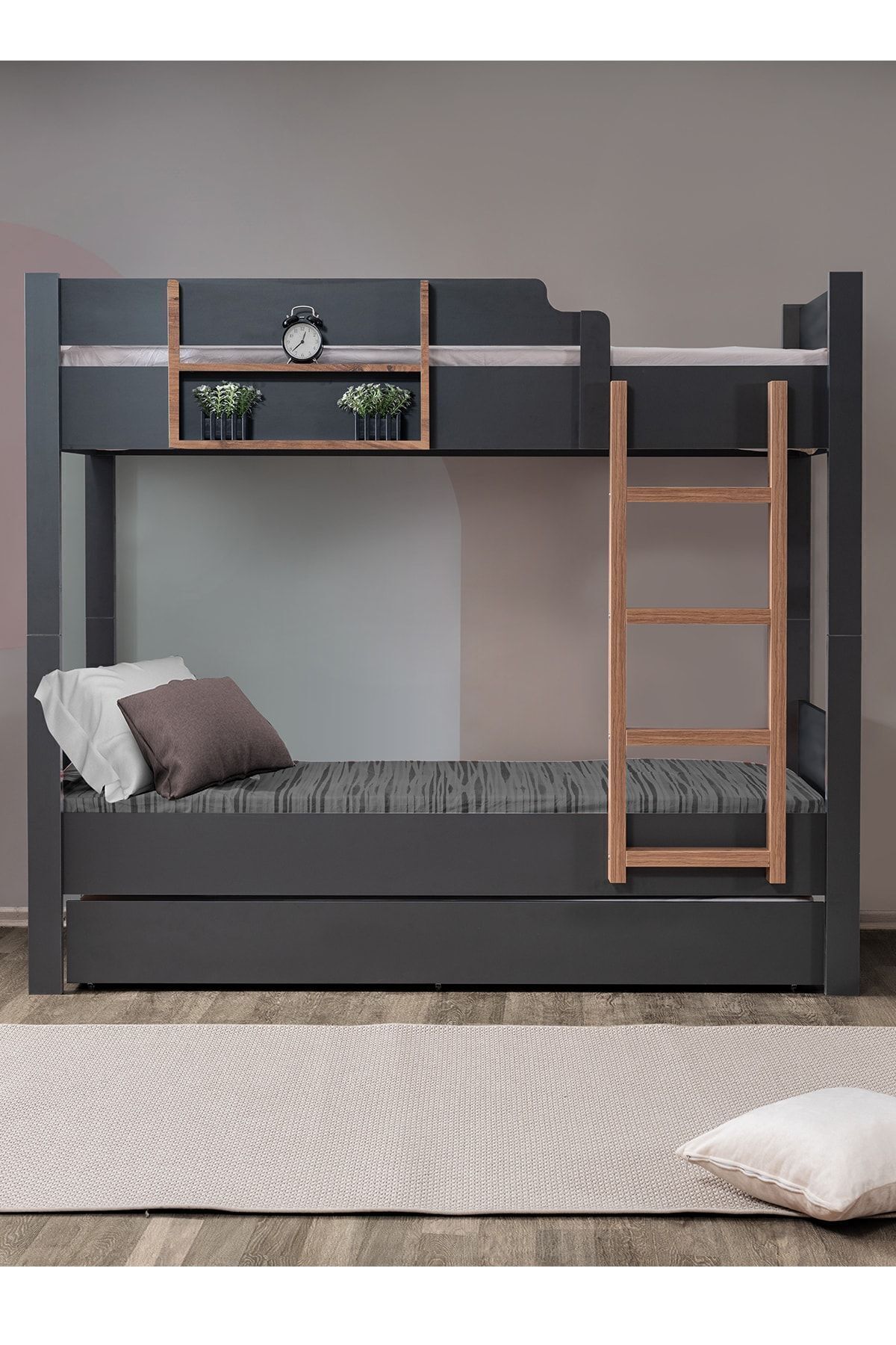 Lits superposés Ranza, lits superposés modulables avec tiroirs Anthracite - Noyer