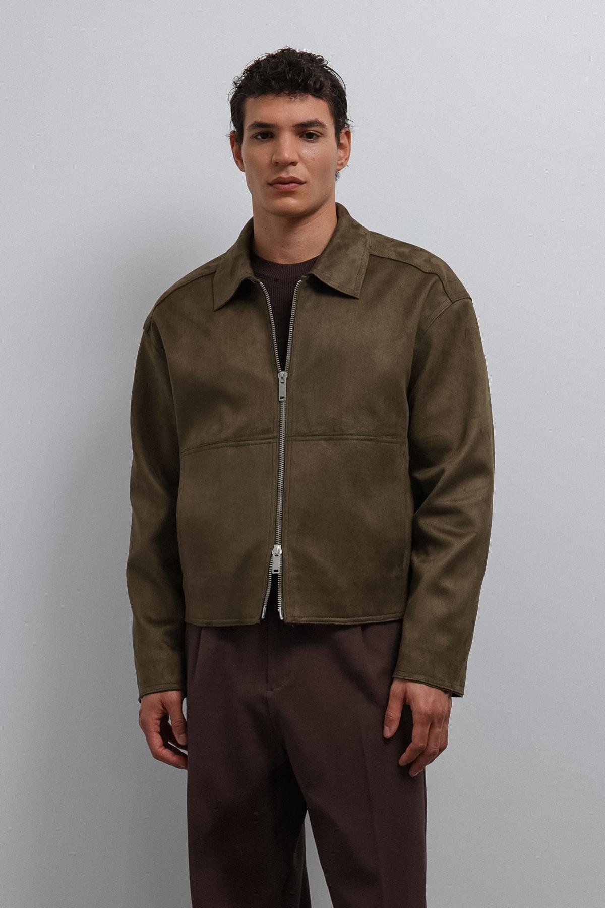 Veste pour homme en suédine synthétique kaki avec fermeture éclair
