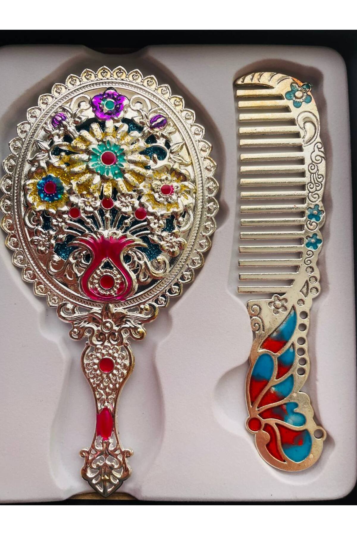 Ensemble Miroir et Peigne, Métal-Boîte-Cadeau, Brosse à Cheveux avec Miroir de  cm