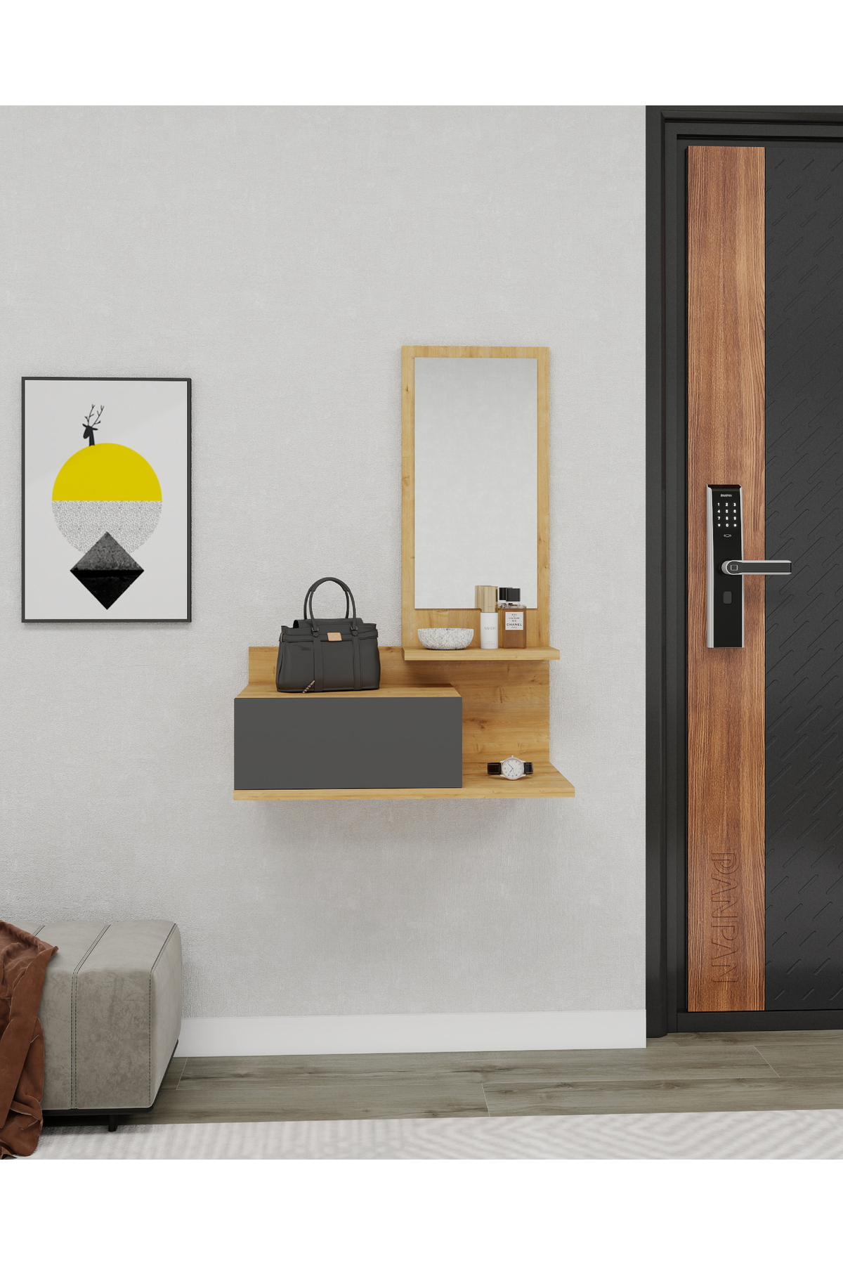 Console murale avec miroir et tiroirs Rozella, érable clair & anthracite - Rozella