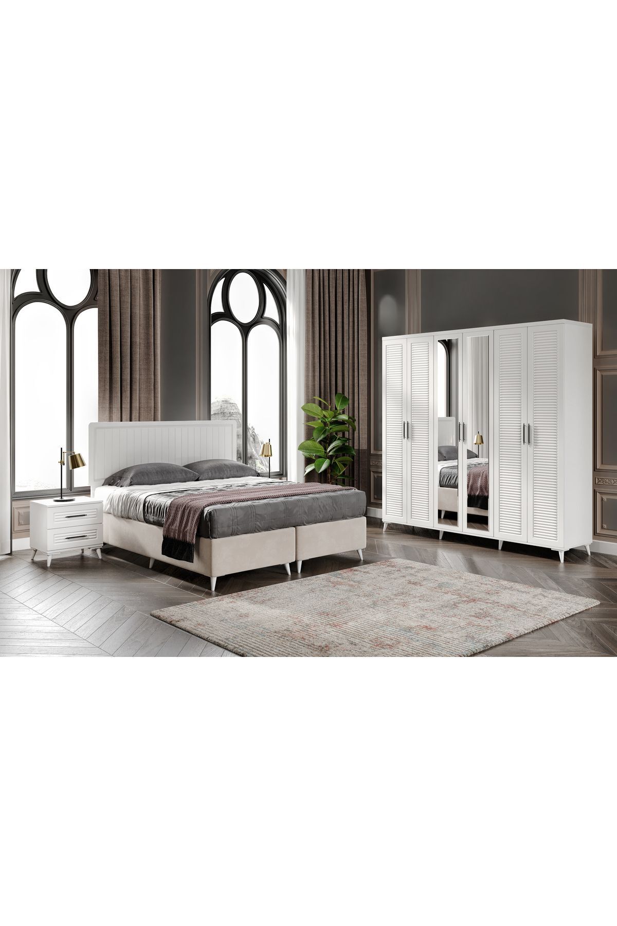 Ensemble de chambre à coucher complet en MDF avec 6 portes, blanc, avec sommier Paris