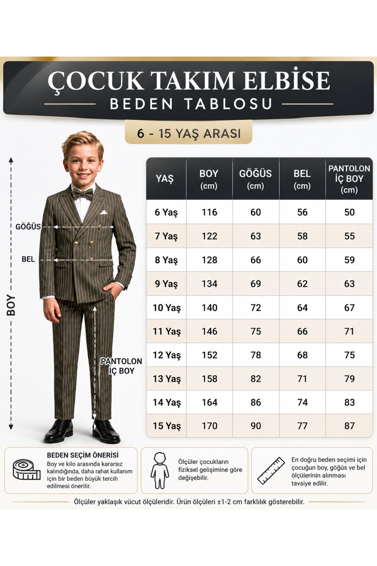 Ensemble de costume pour garçon avec veste à rayures, chemise, pantalon et nœud papillon