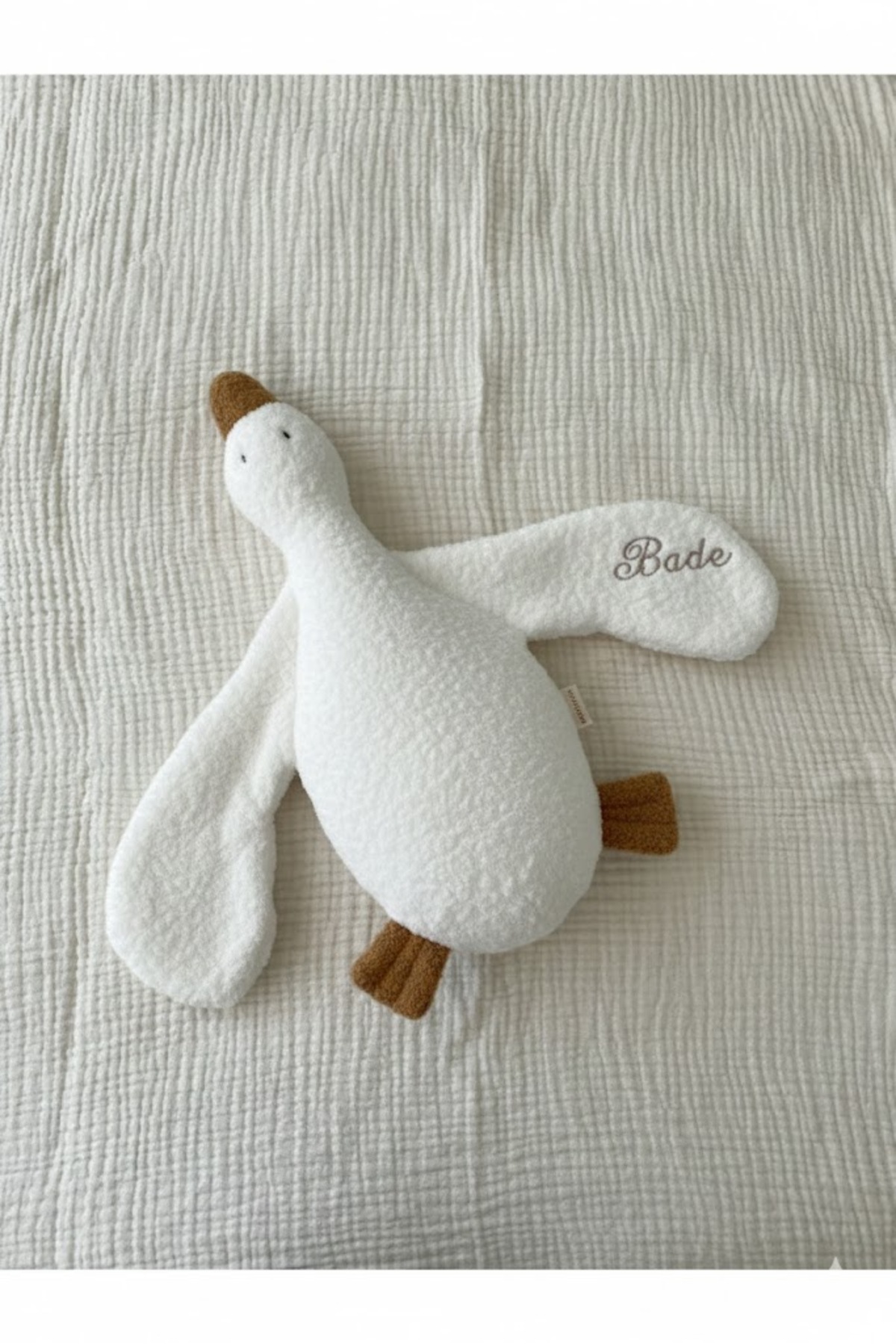 Doudou et jouet de sommeil pour bébé et enfant en forme de canard mignon brodé avec le nom, blanc/marron