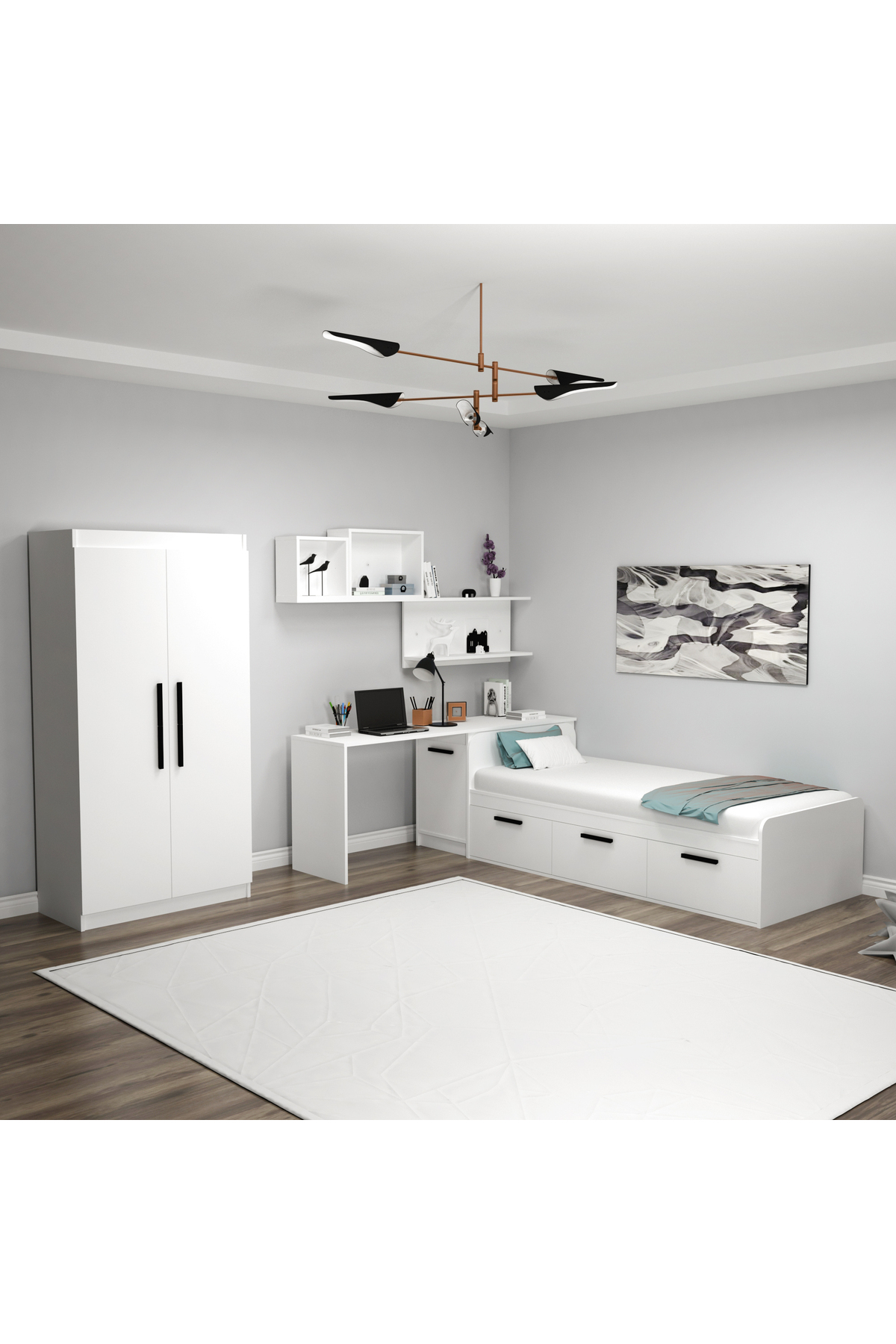 Chambre Jeune Akser Ensemble 4 pièces – Blanc (Bureau, Lit, Armoire, Étagère murale)