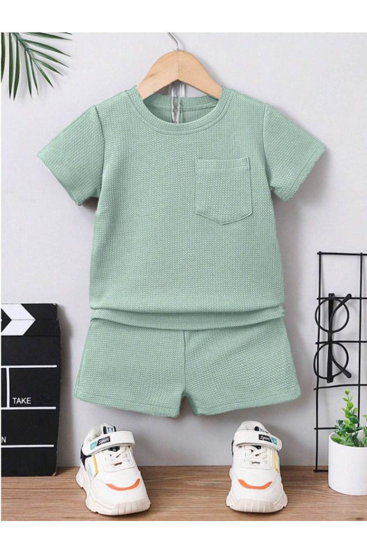 Ensemble d'été 2 pièces en tissu gaufré en coton avec détails de poche