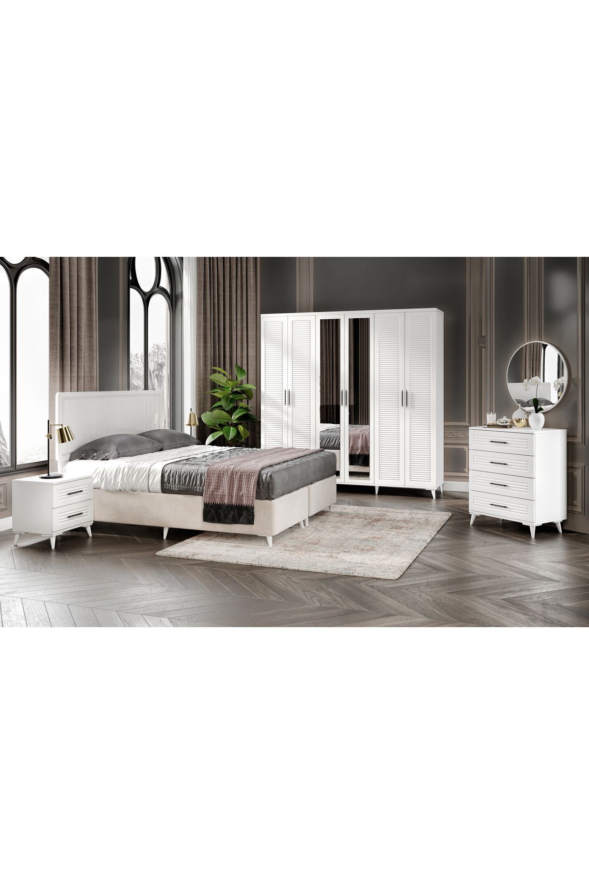 Ensemble de chambre à coucher complet en MDF avec 6 portes, blanc, avec sommier Paris