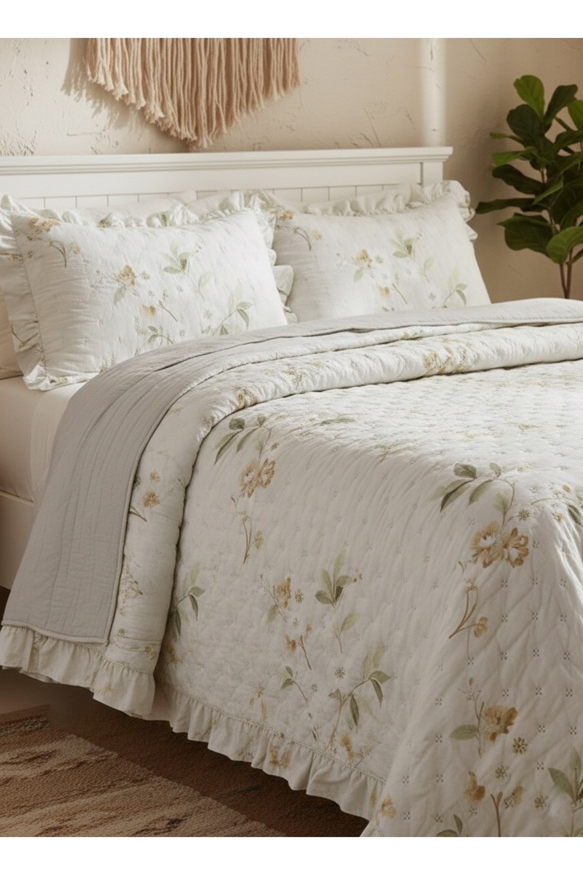 Ensemble de Housse de Lit Matelassée à Volants avec Motif Double pour Lit Double Dream Taille King