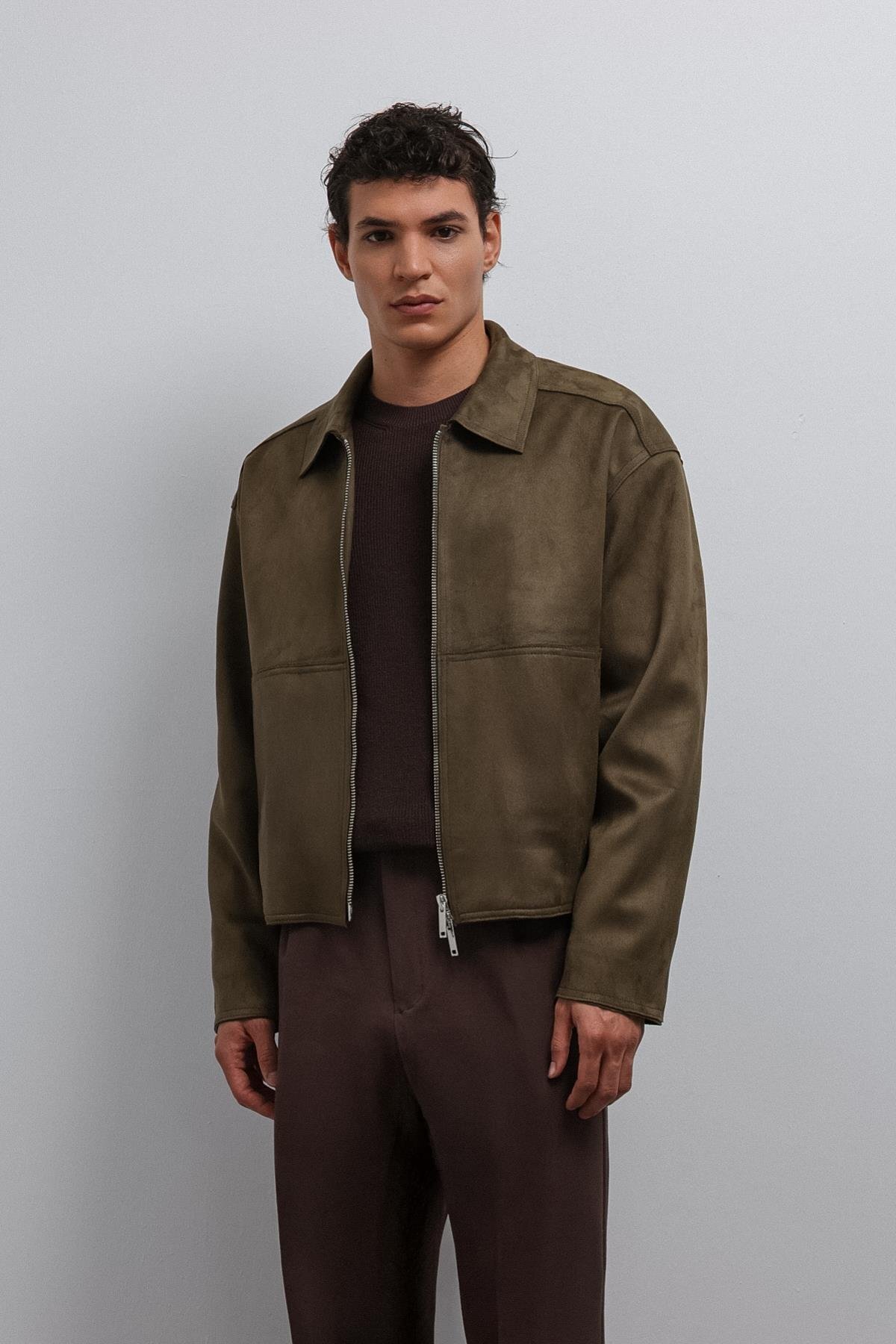 Veste pour homme en suédine synthétique kaki avec fermeture éclair