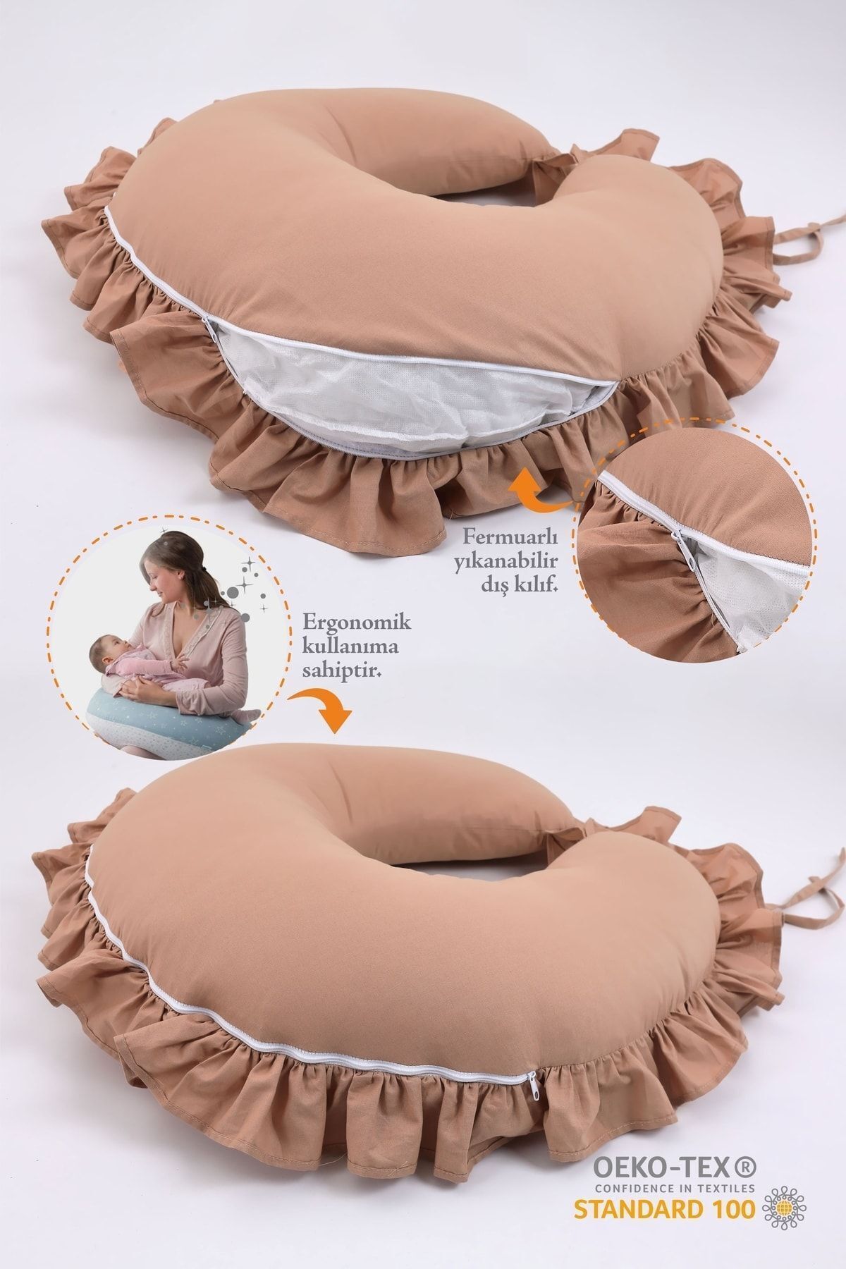 Coussin d'allaitement - % coton - Marron à volants