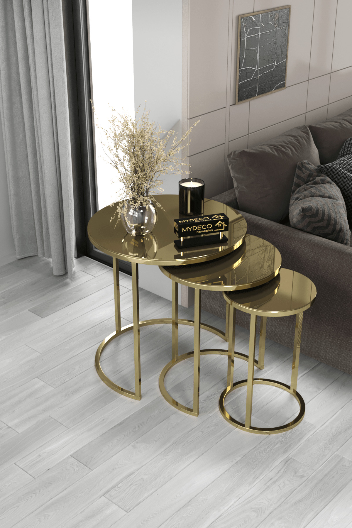 Table gigogne avec miroir doré et bronze