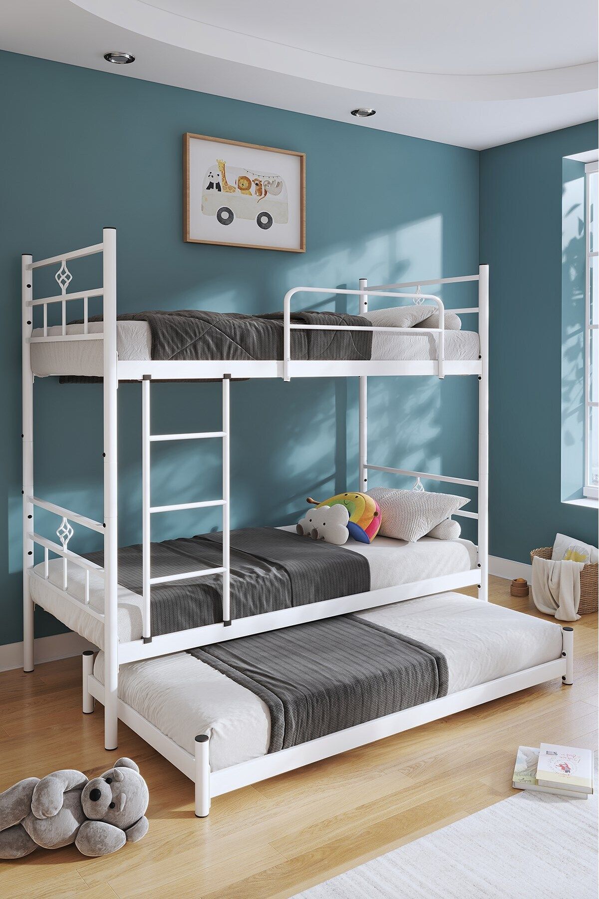 Lit superposé Koza avec tiroir, compatible avec matelas , pour 3 personnes, lit métallique blanc
