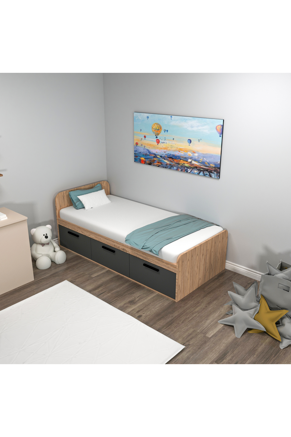 Lit Cadre Akser Atlantik Pin Anthracite – Compatible avec lit simple, Lit pour jeune avec armoire