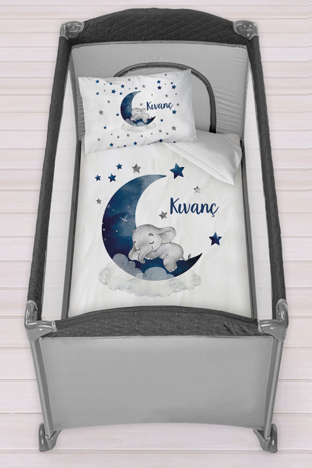 Ensemble de literie pour lit bébé  personnalisé avec le nom, bleu, Éléphant sur la Lune
