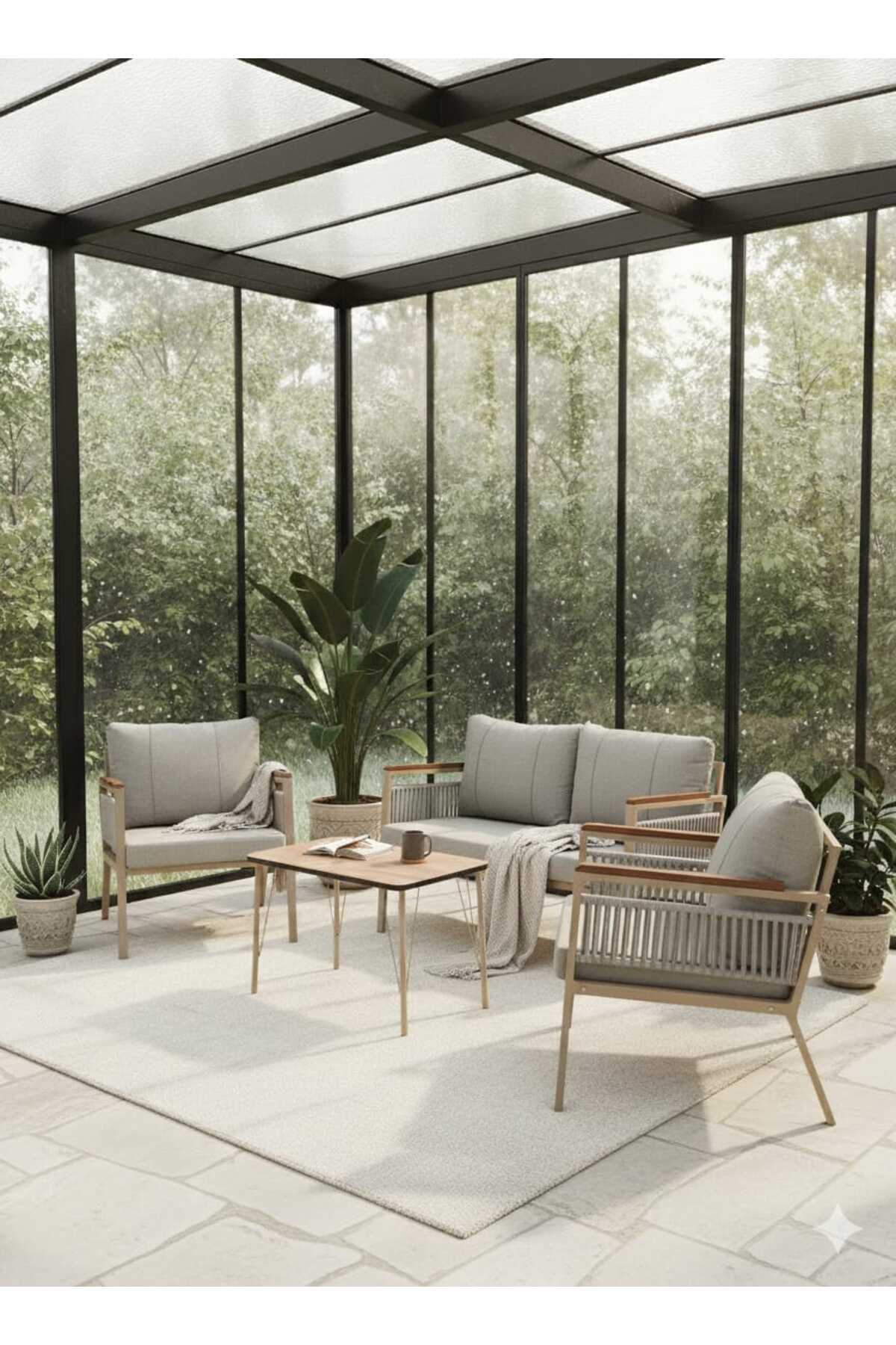 Série Beta  avec table moderne en corde tressée, Mobilier de jardin, Ensemble pour balcon -  Gris clair