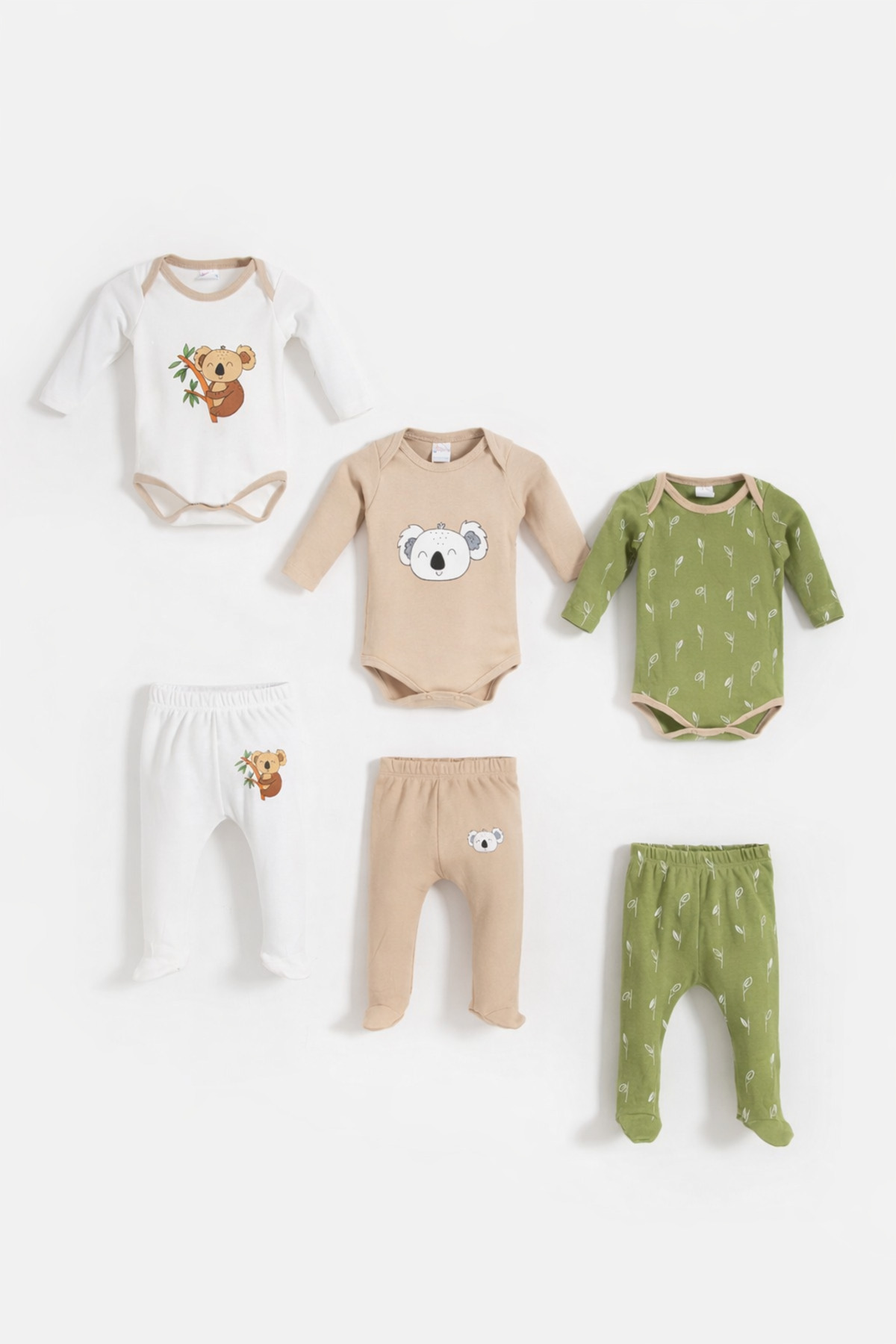 Set de 6 pièces pour bébé avec motif Koala : 3 bodies et 3 pantalons avec pieds - Multicolore