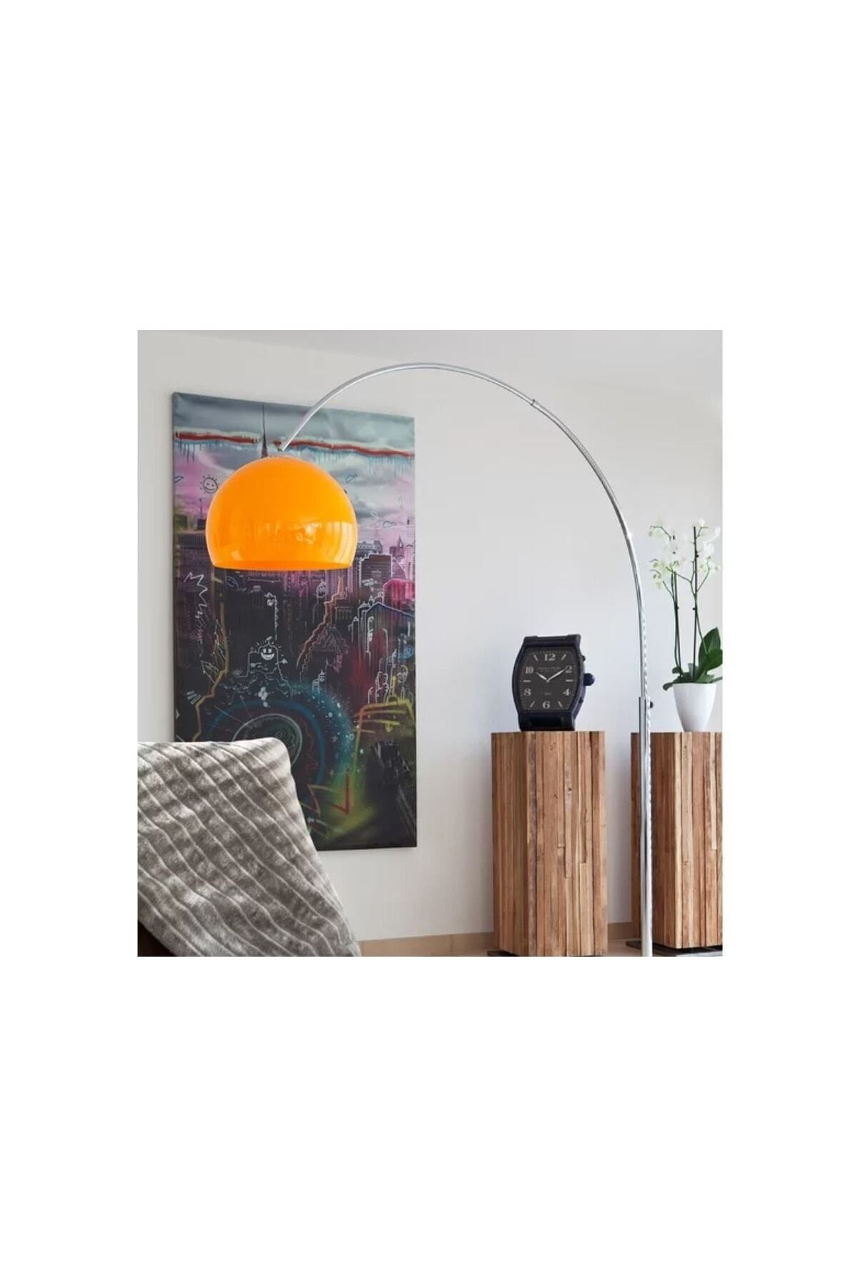 Lampadaire Col de Chameau Orange avec Tête en Métal - chrome