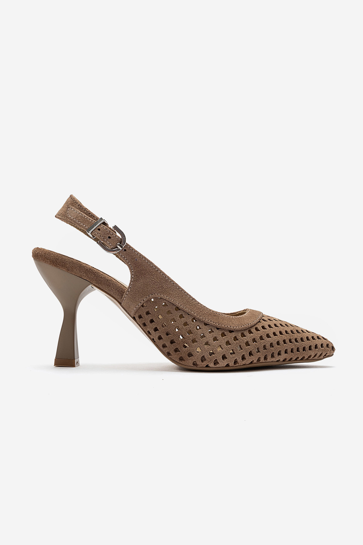 Chaussure à talon pour femme en cuir véritable, ouverte à l'arrière, perforée au laser, en suède Sıgarro