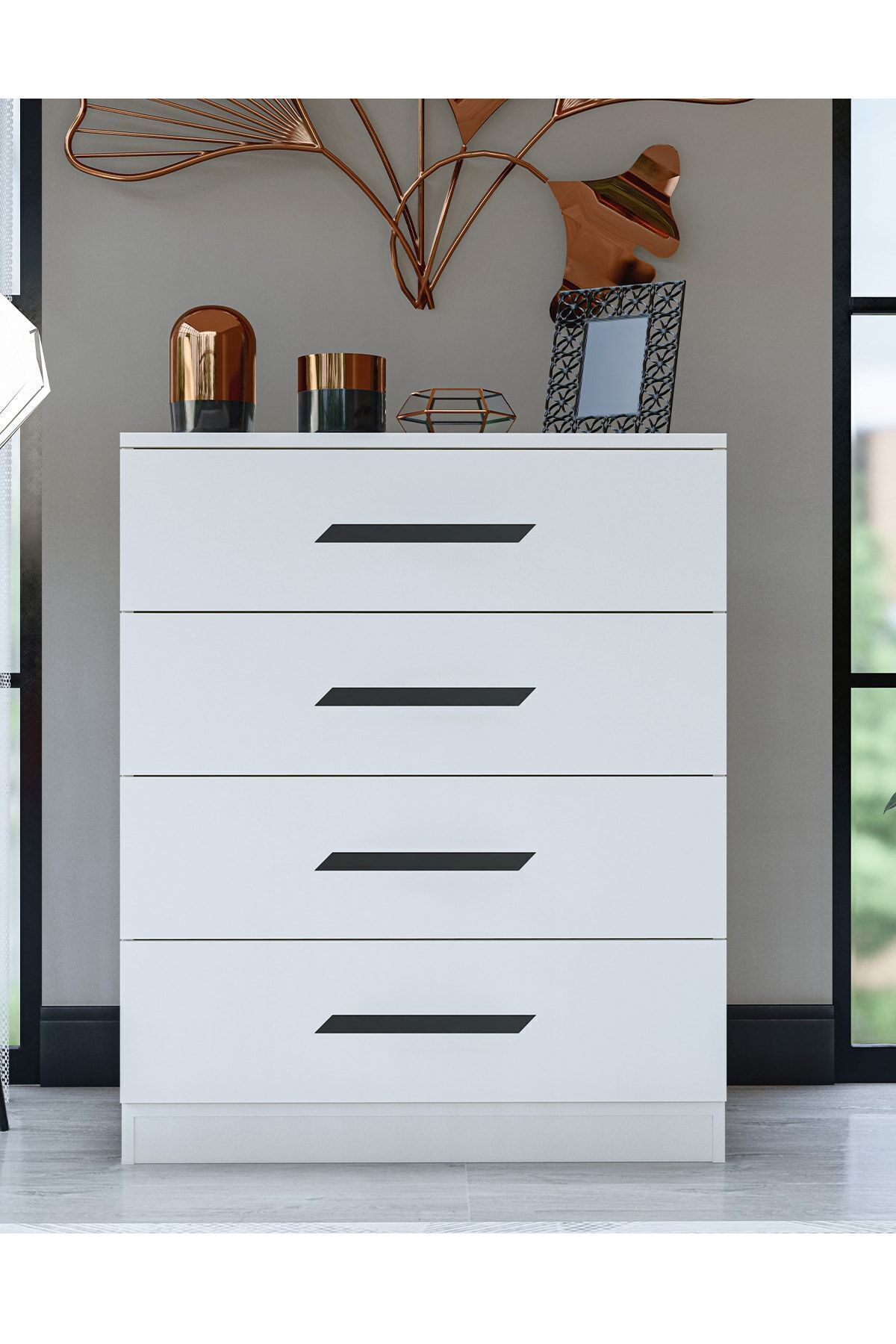 Gm Almina Commode Blanche à 4 Tiroirs avec Poignées Noires