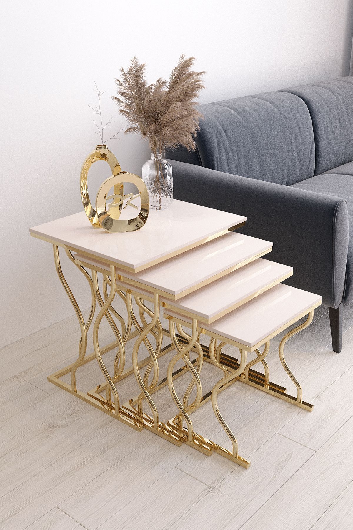 Ensemble de tables gigognes carrées 4 pièces Hayal, pieds dorés, MDF crème