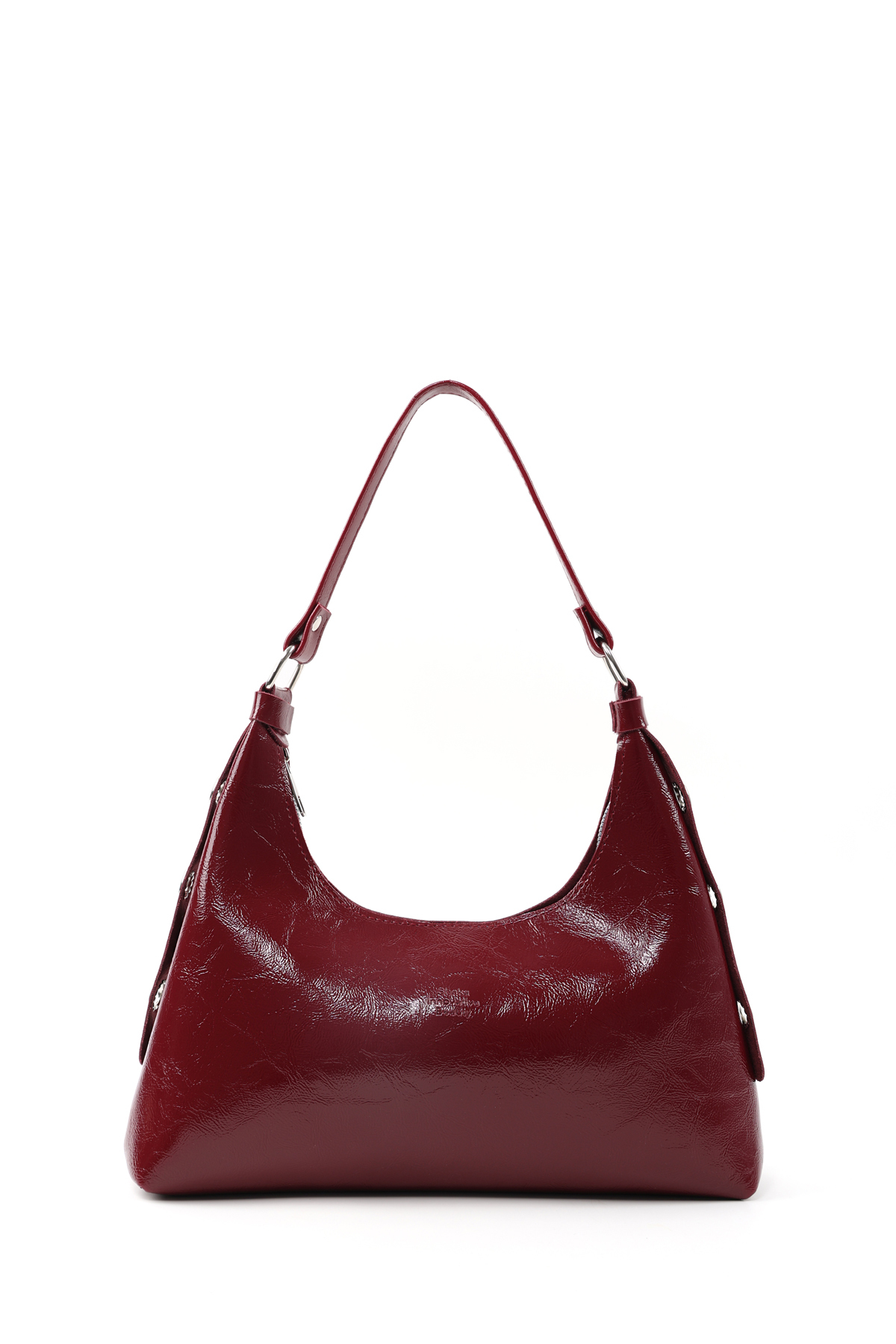 Sac à main et à épaule pour femme en cuir synthétique bordeaux à texture froissée, modèle , à un compartiment, forme baguette