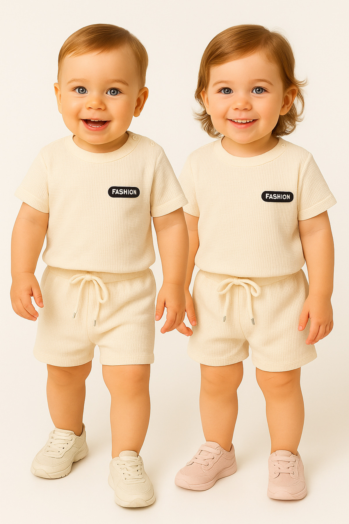 Ensemble d'été Waffle Fashion avec short 6 mois - 3 ans Beige clair