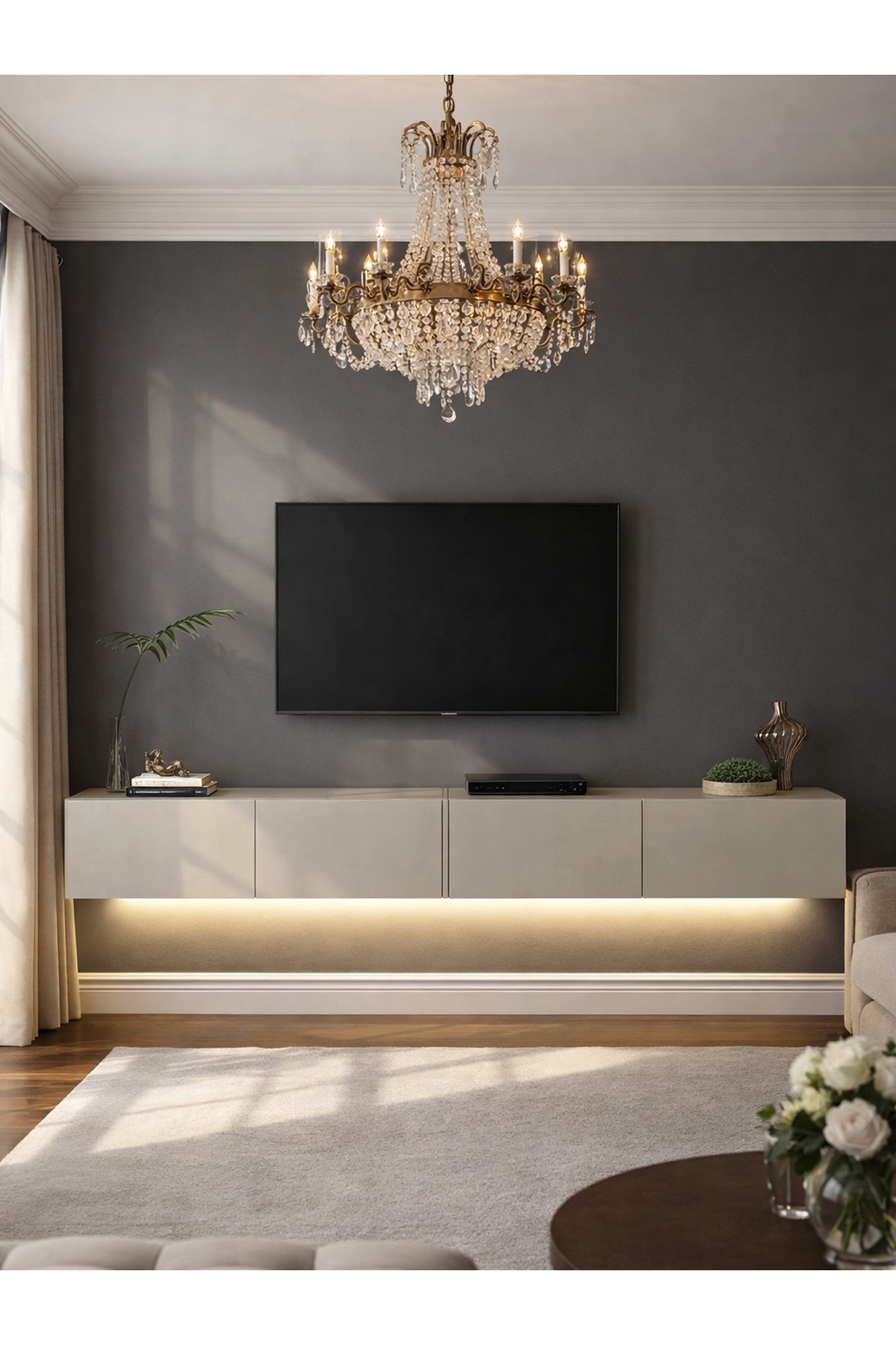 Meuble TV avec LED & Unité, Unité TV Murale Sable  cm | Homeros