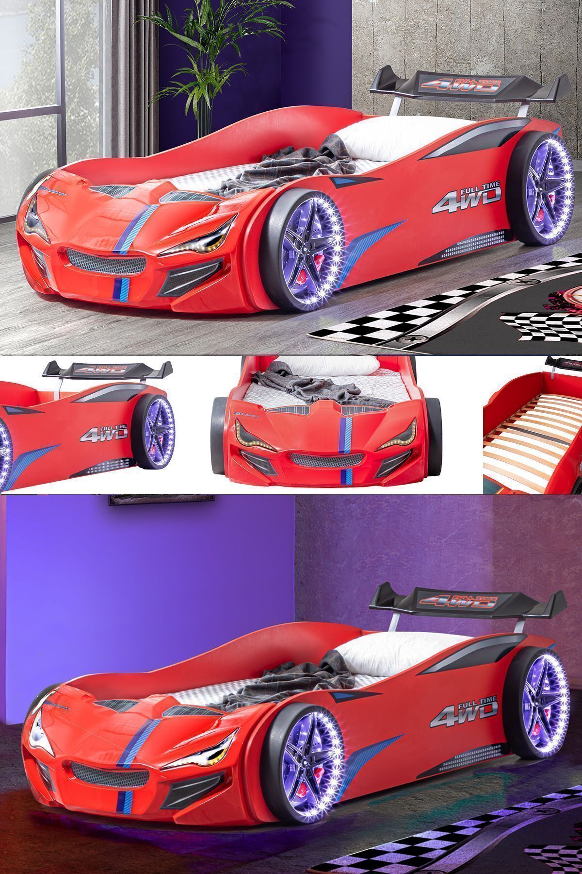Lit voiture, Lit voiture Merso avec pare-vent et éclairage LED complet - Rouge
