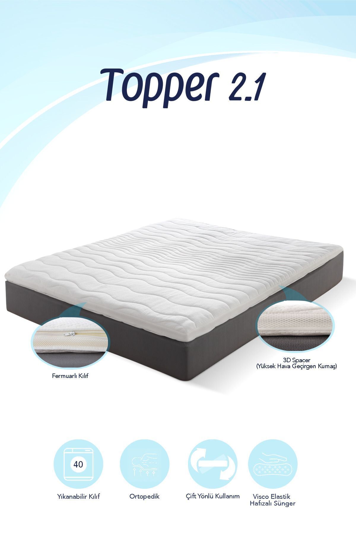 Topper 2.1 - Coussin de lit en viscoélastique - Mousse à mémoire douce à 100% viscoélastique - Housse lavable avec fermeture éclair