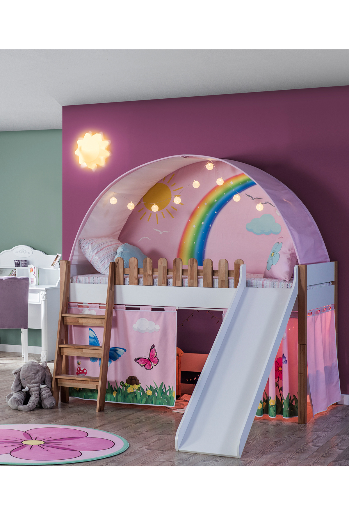 Équipe Montessori pour Chambre d'Enfants My House avec Lit Superposé à Glissade et Maison de Jeu Rose