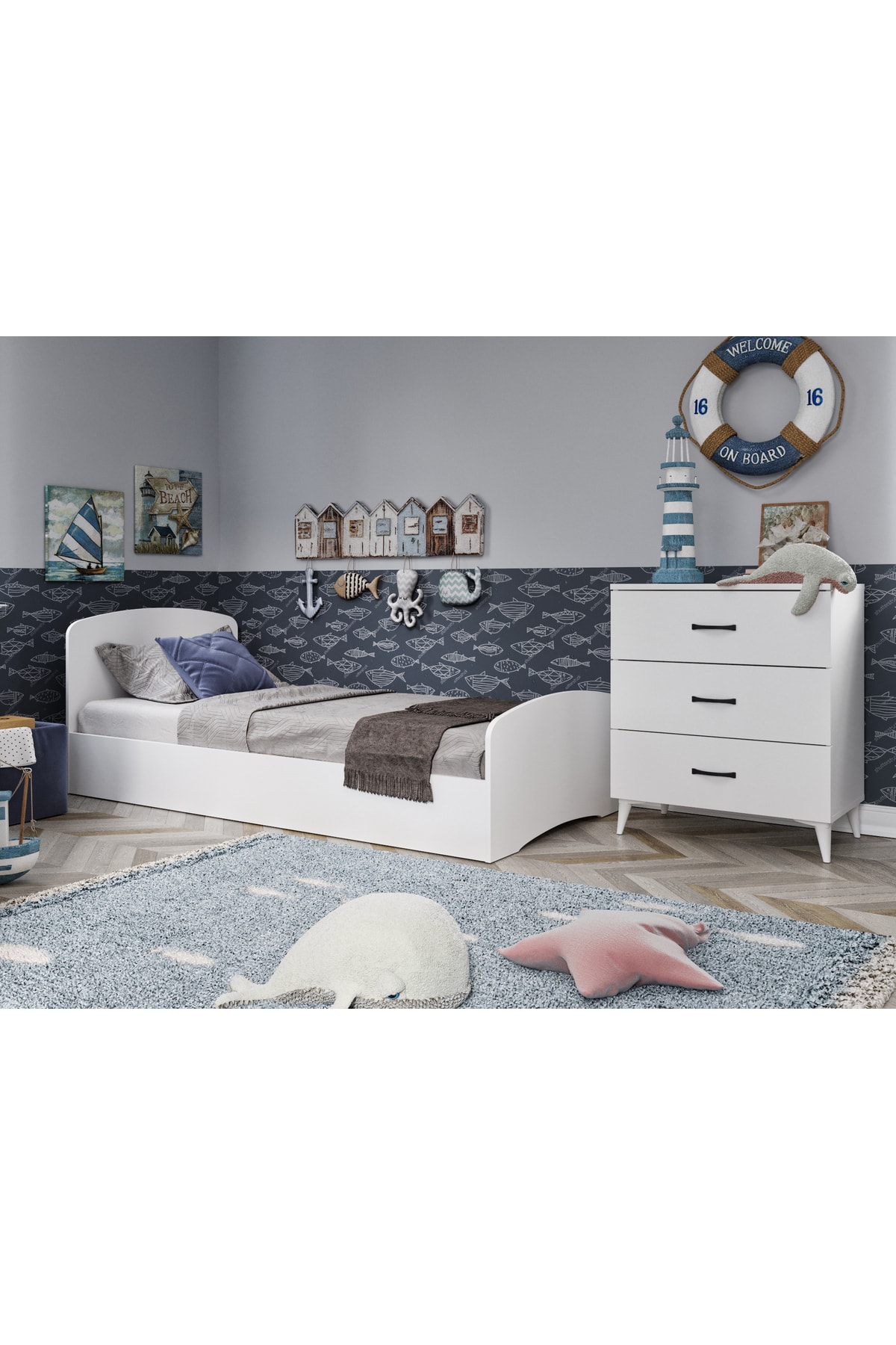 Ensemble de Chambre d'Enfant Soft Blanc - Lit, Armoire à 3 Portes, Commode à 3 Tiroirs, Tout en MDF