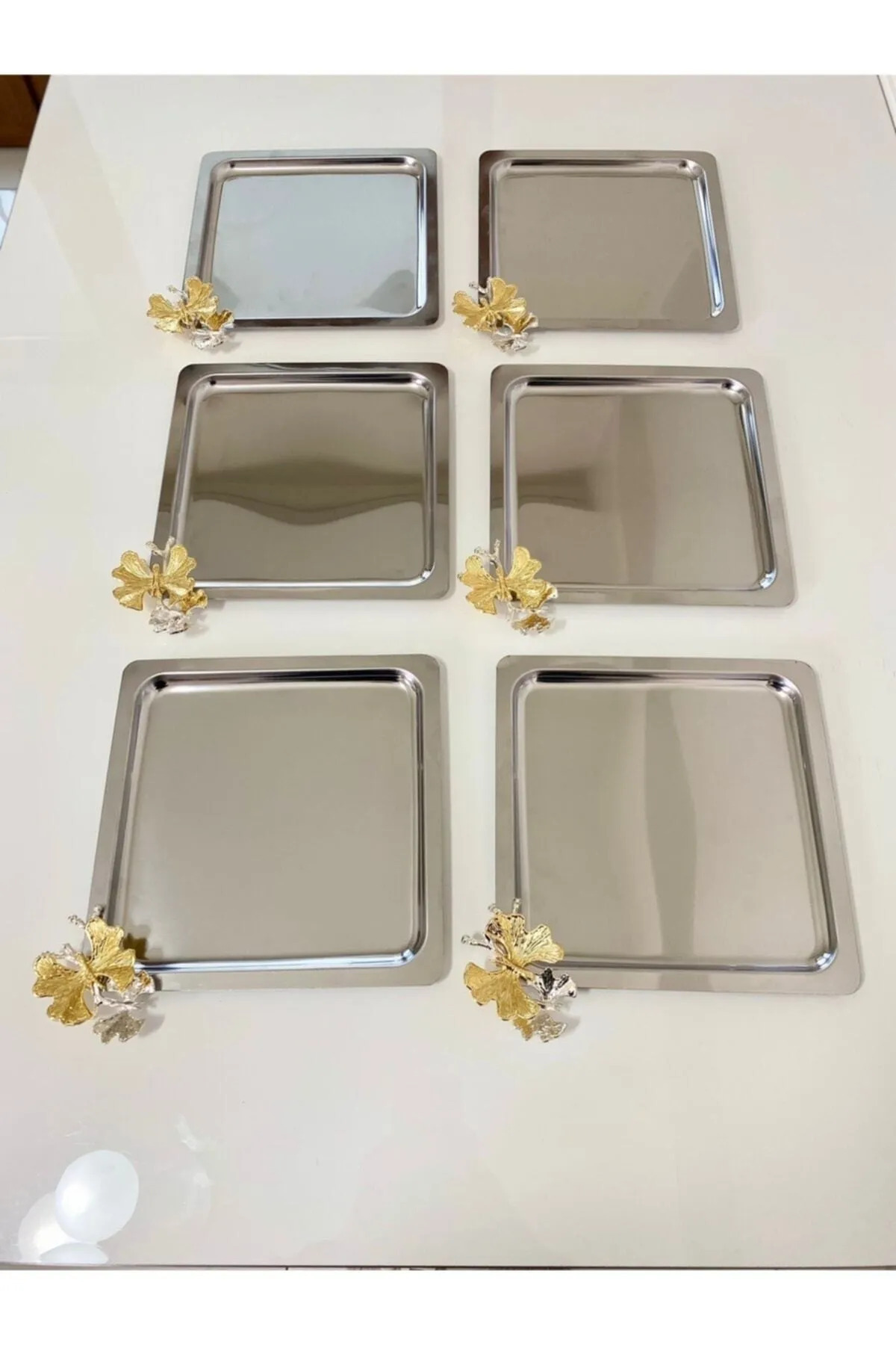Plateau de service décoratif en acier inoxydable 6 pièces avec accessoires papillon, pour café, thé, argent et or jaune de luxe