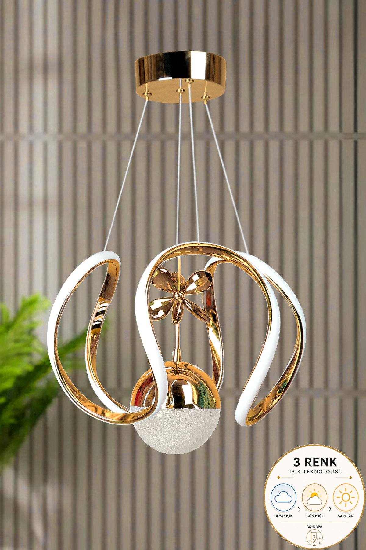 Suspension LED moderne pour salon, cuisine, salle à manger et chambre Clasy modèle plaqué or en métal trois couleurs