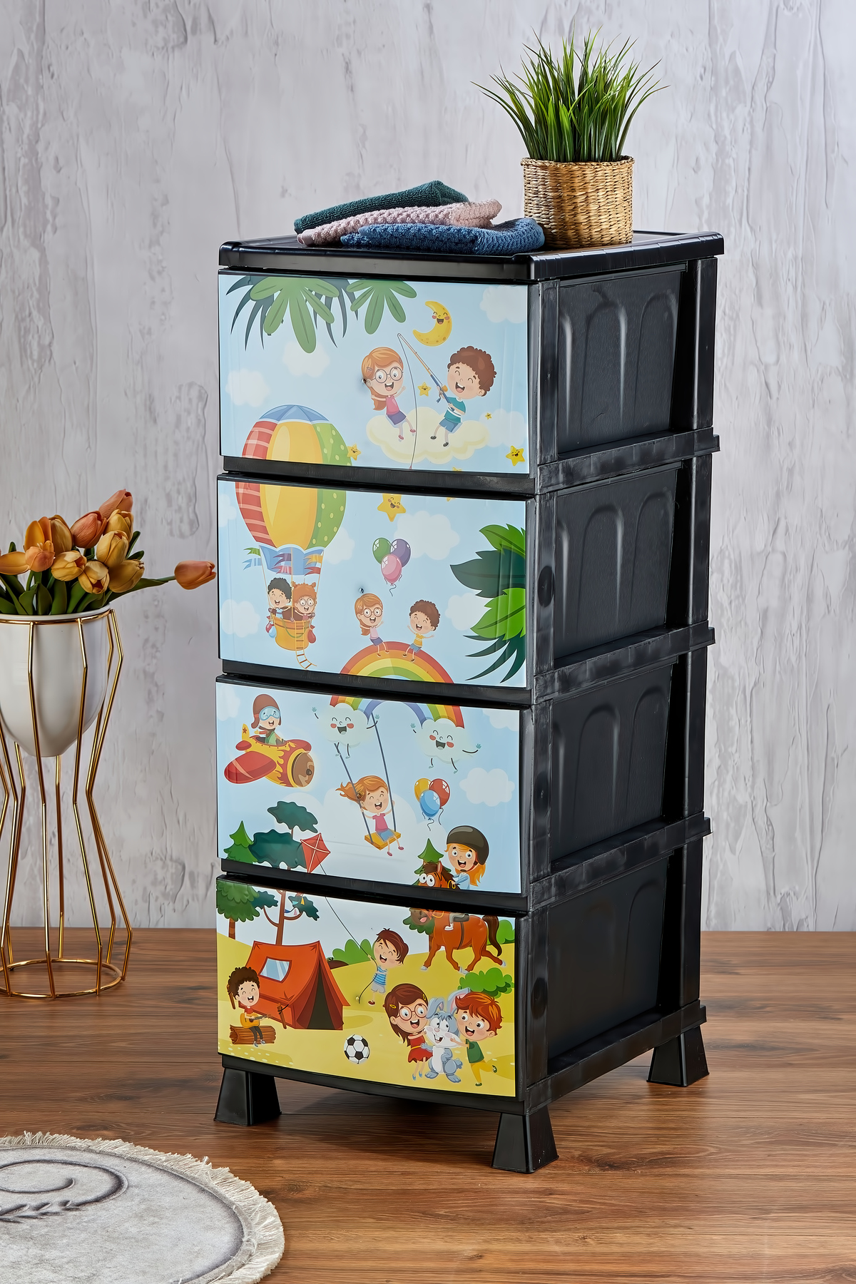 Chevet en plastique à 4 tiroirs avec motif enfant imprimé - pour jouets - panier à jouets