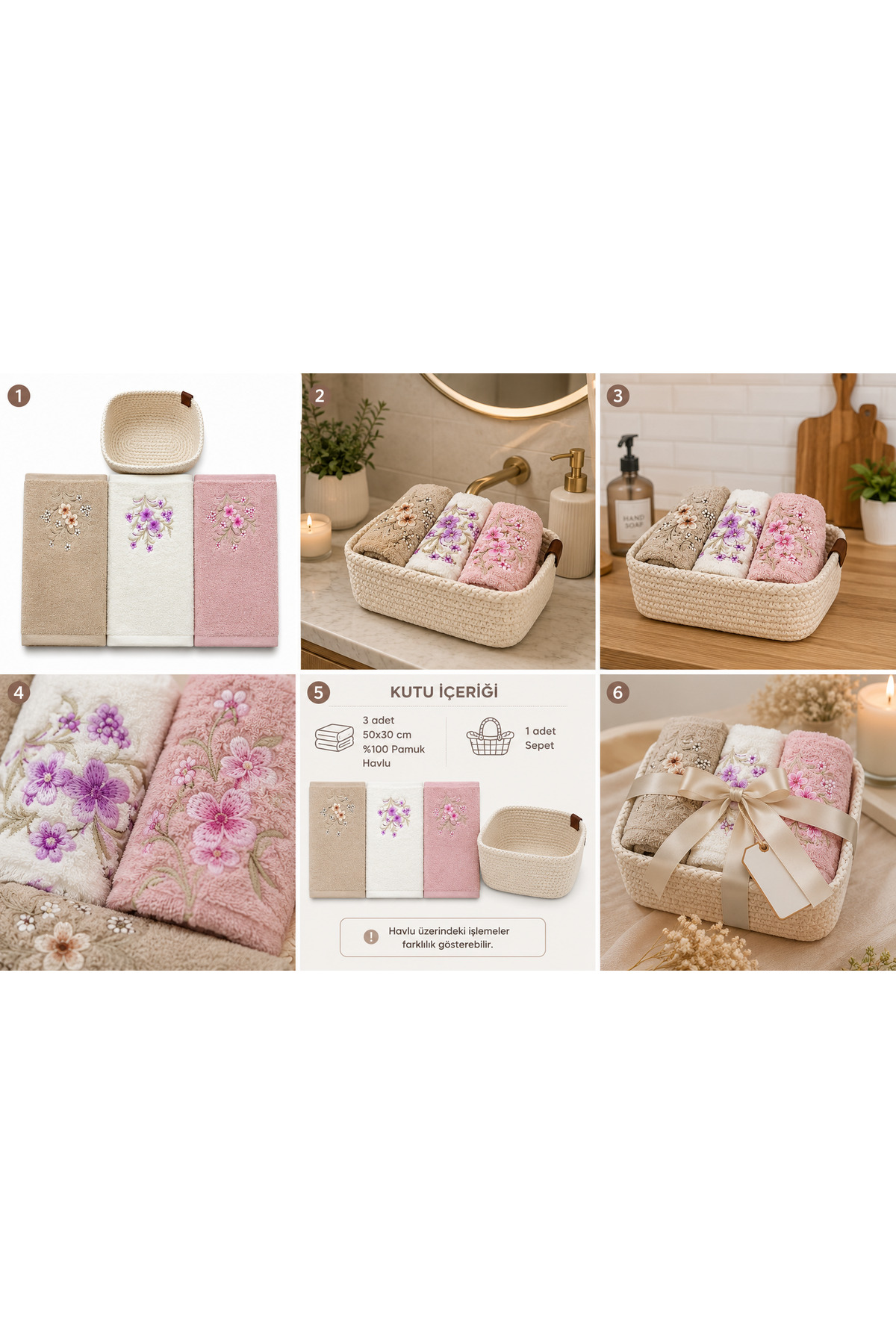 Torchon de cuisine - 3 pièces de serviette  cm 1 panier en tricot - Brodé -  % coton