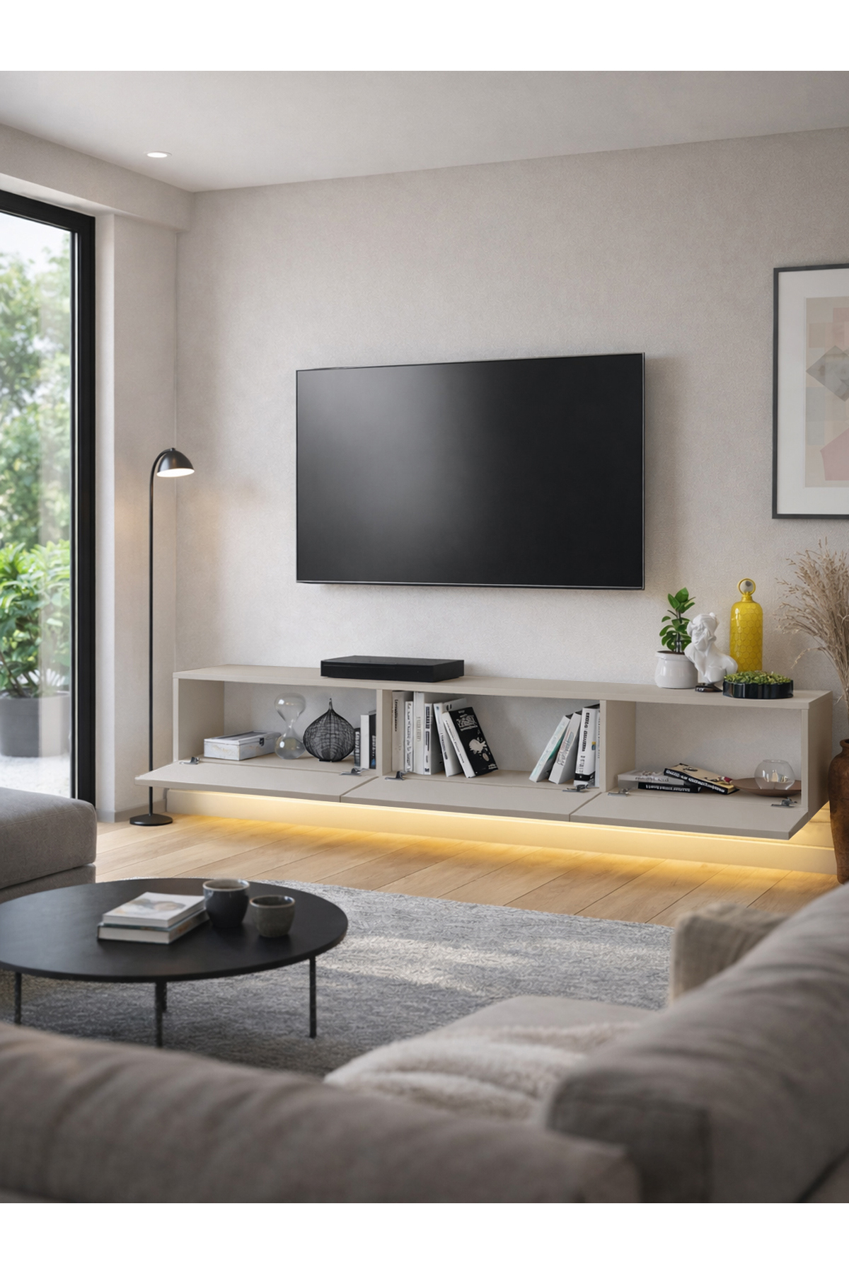 Meuble TV à LED Li  cm - Couleur Sable, Moderne, Large, Design avec Étagères - Table TV | Cercei