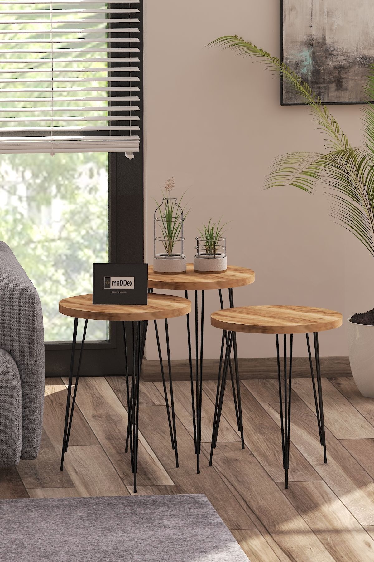 Table d'appoint ronde triple Star - Table basse à thé - Table de service - Noyer