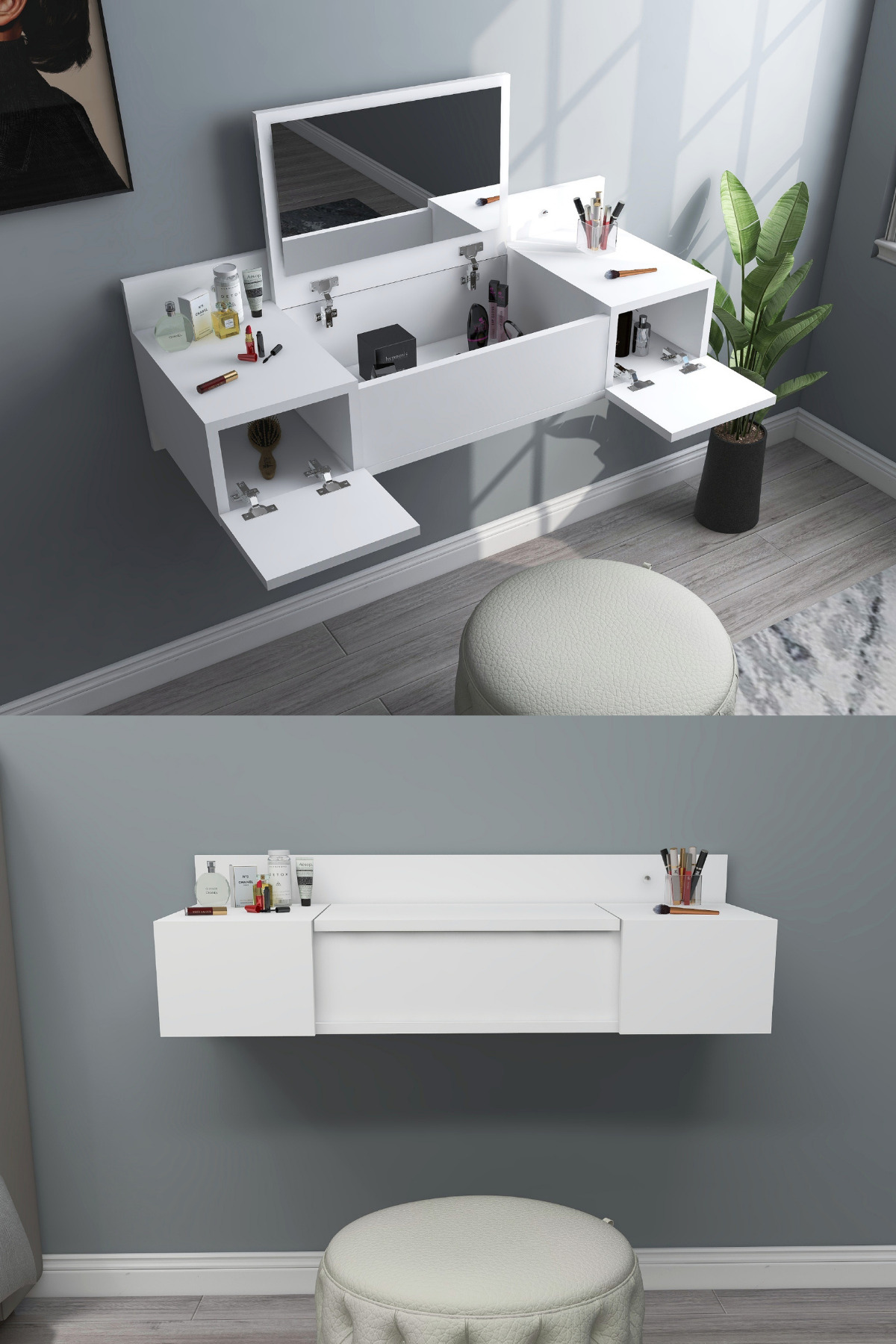 Coiffeuse Murale avec Miroir et Étagère Zakkum, Blanche - Zakkum