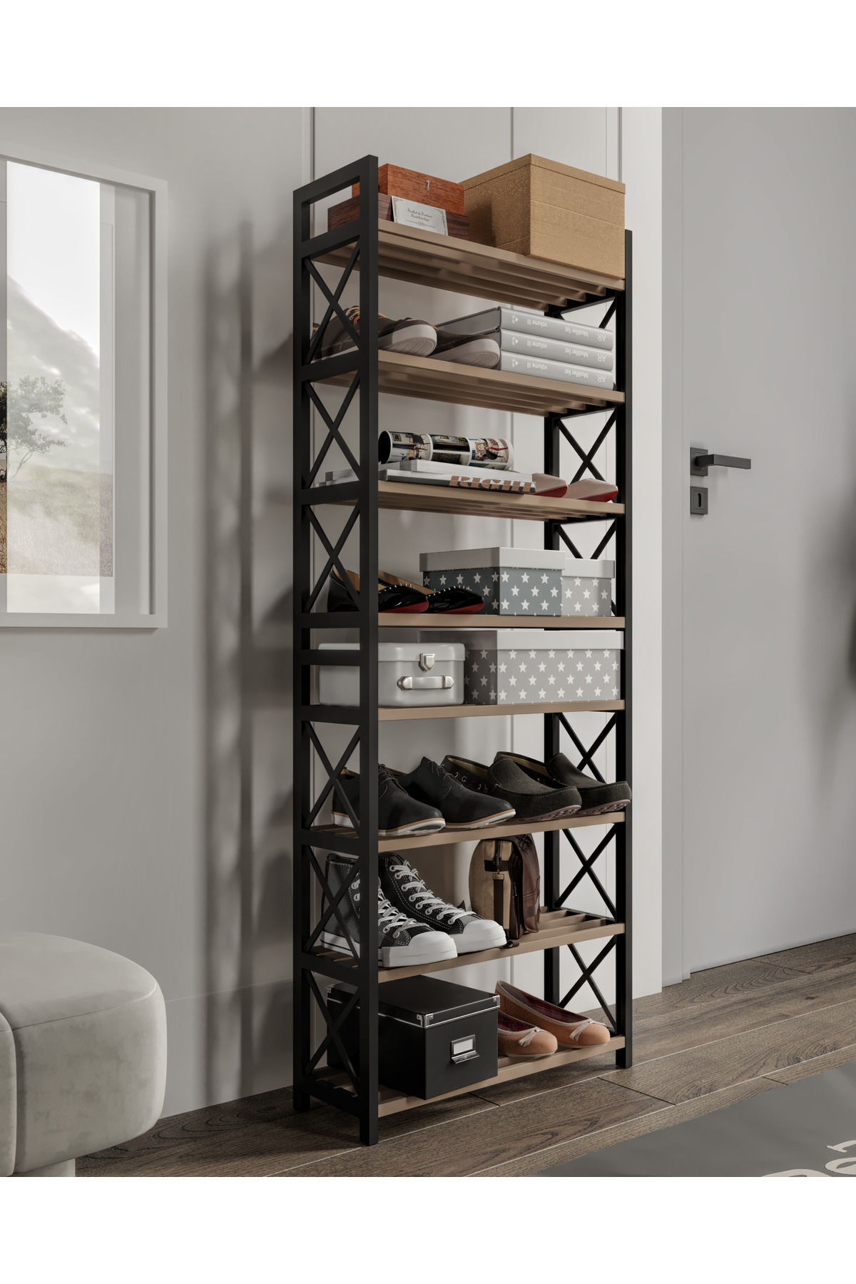 ORGANISEUR DÉCORATIF ÉTAGÈRE À CHAUSSURES MASSIF EN BOIS ET PLASTIQUE 8 NIVEAUX