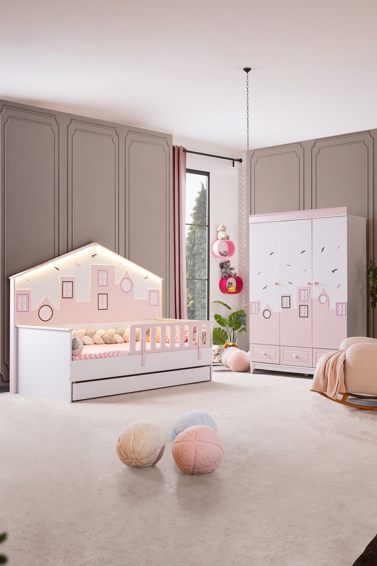 Chambre d'enfant Montessori - Armoire 3 portes City Montessori, Lit superposé - Rose