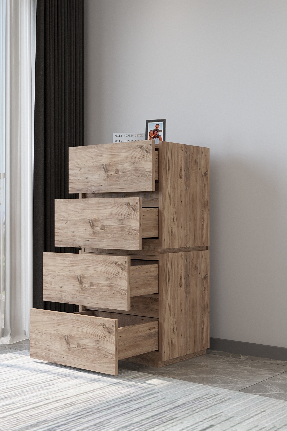 Commode Galata à 4 tiroirs en pin verni, couleur pin, pour chambre à coucher ou chambre de bébé