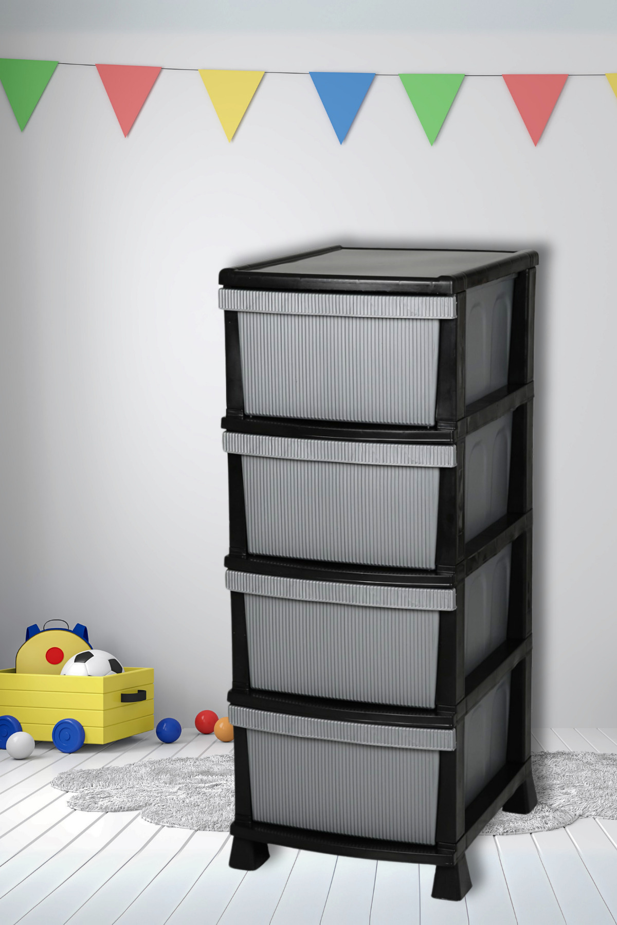 Commode en plastique rayée à 4 tiroirs - Bac à légumes - Tiroir - Boîte à jouets panier