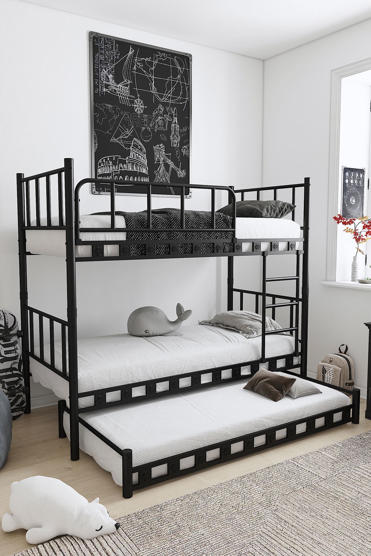 Chambre d'enfant pour jeunes avec lits superposés et lit métallique Zambak Yavrulu Noir